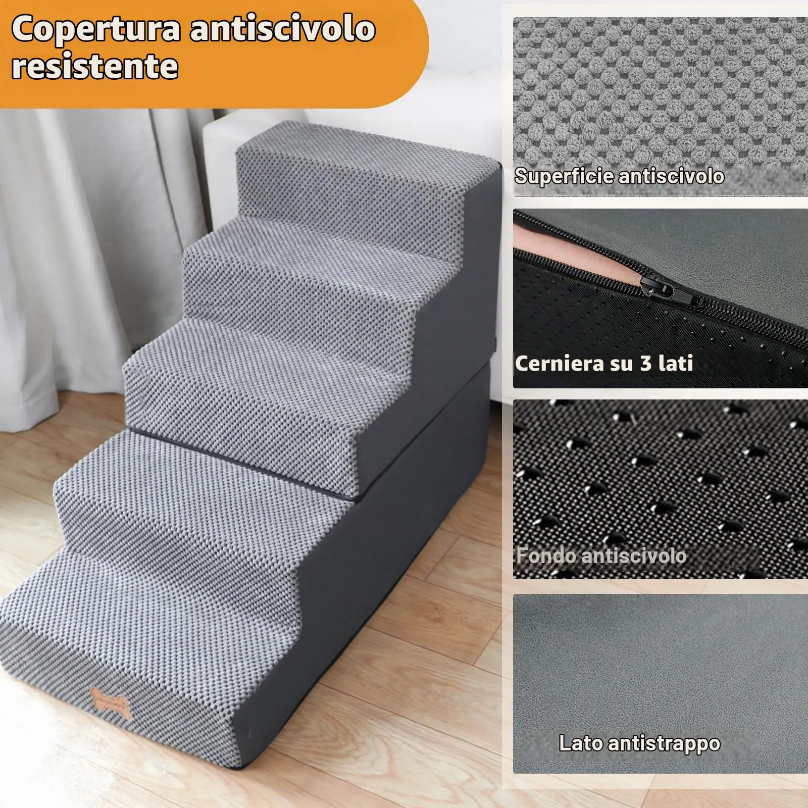 Nepfaivy Scaletta per Cani e Gatti, 5 Gradini, Copertura Rimovibile e Lavabile, Grigio, 76x40x56cm - immagine 3