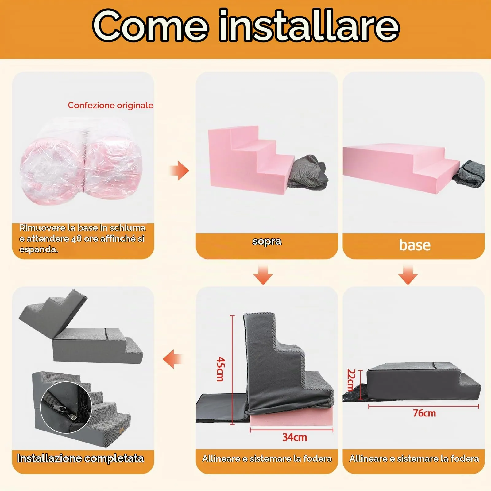 Nepfaivy Scaletta per Cani e Gatti, 5 Gradini, Copertura Rimovibile e Lavabile, Grigio, 76x40x56cm - immagine 4