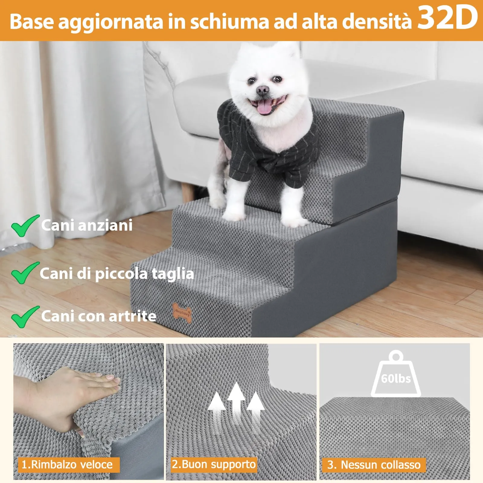 Nepfaivy Scaletta per Cani e Gatti, 4 Gradini, Copertura Rimovibile e Lavabile, Grigio, 61x40x45cm - immagine 2