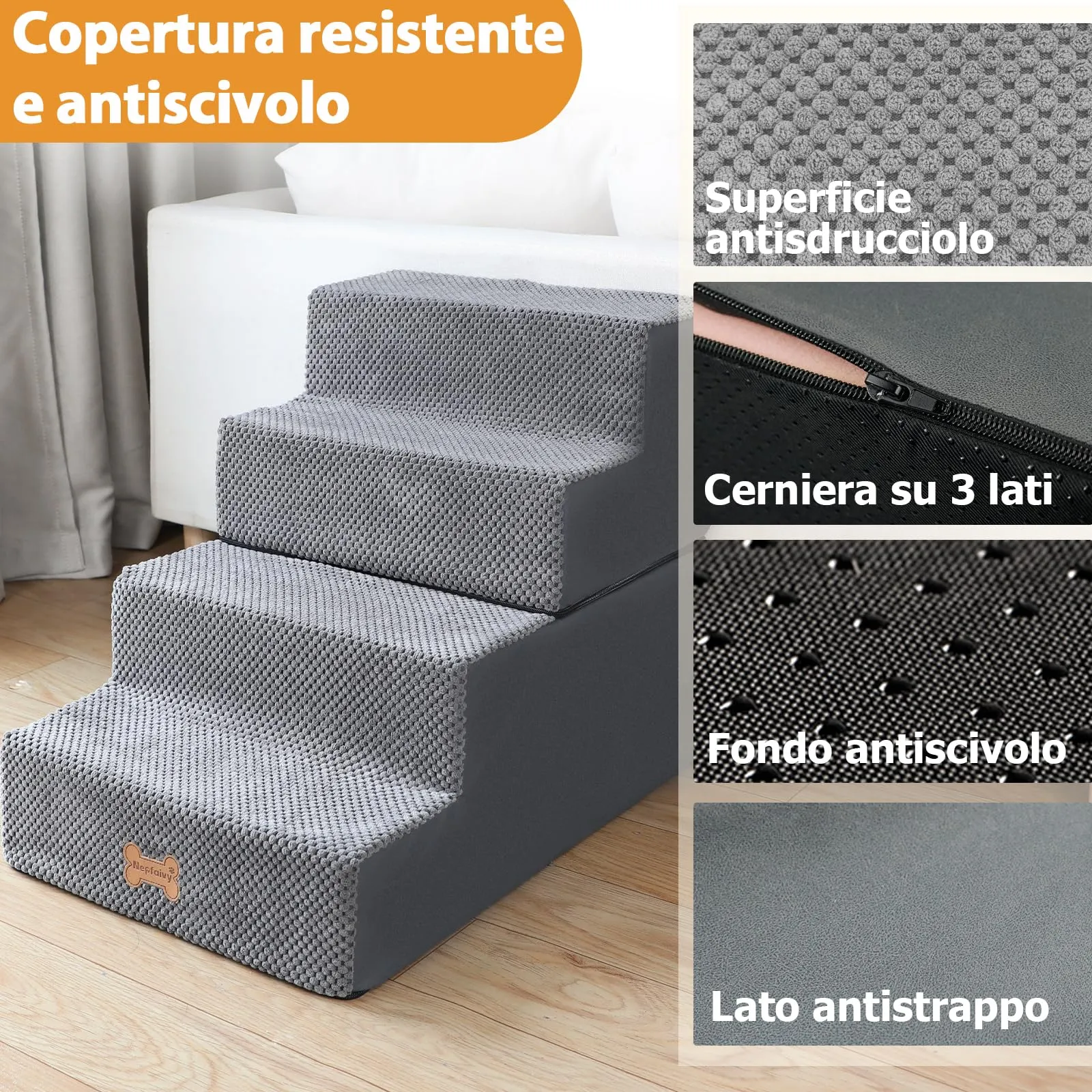 Nepfaivy Scaletta per Cani e Gatti, 4 Gradini, Copertura Rimovibile e Lavabile, Grigio, 61x40x45cm - immagine 3