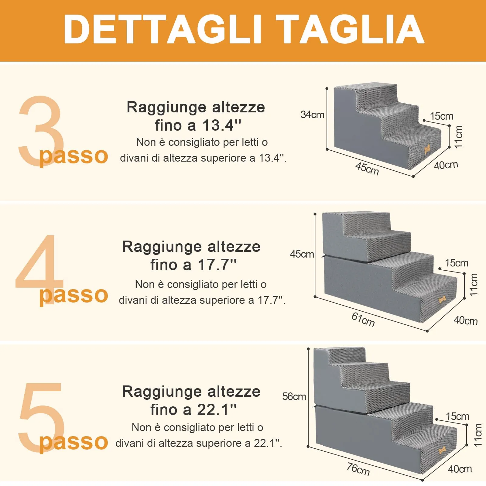 Nepfaivy Scaletta per Cani e Gatti, 4 Gradini, Copertura Rimovibile e Lavabile, Grigio, 61x40x45cm - immagine 5