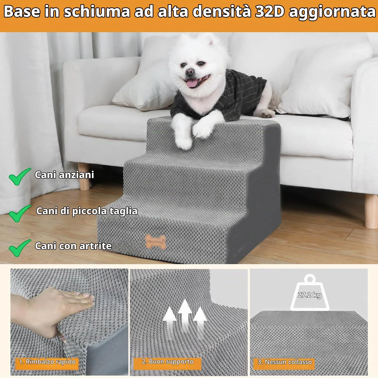 Nepfaivy Scaletta per Cani e Gatti, Gradini con Copertura Rimovibile e Lavabile, Grigio, 45x40x34cm - immagine 2
