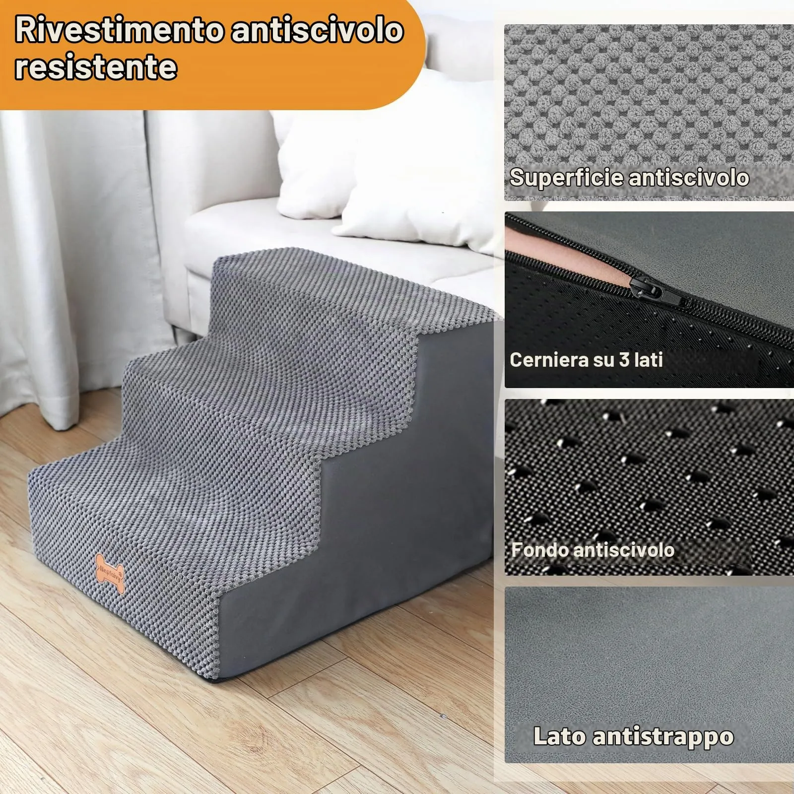 Nepfaivy Scaletta per Cani e Gatti, Gradini con Copertura Rimovibile e Lavabile, Grigio, 45x40x34cm - immagine 3