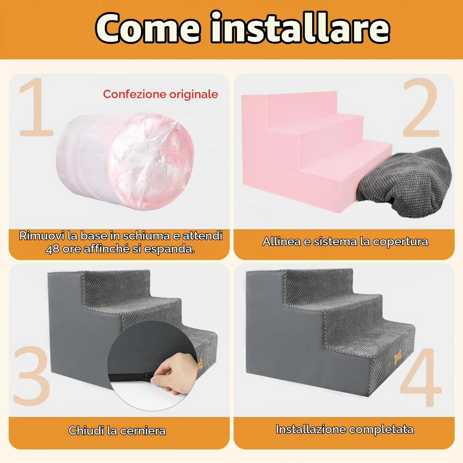 Nepfaivy Scaletta per Cani e Gatti, Gradini con Copertura Rimovibile e Lavabile, Grigio, 45x40x34cm - immagine 5