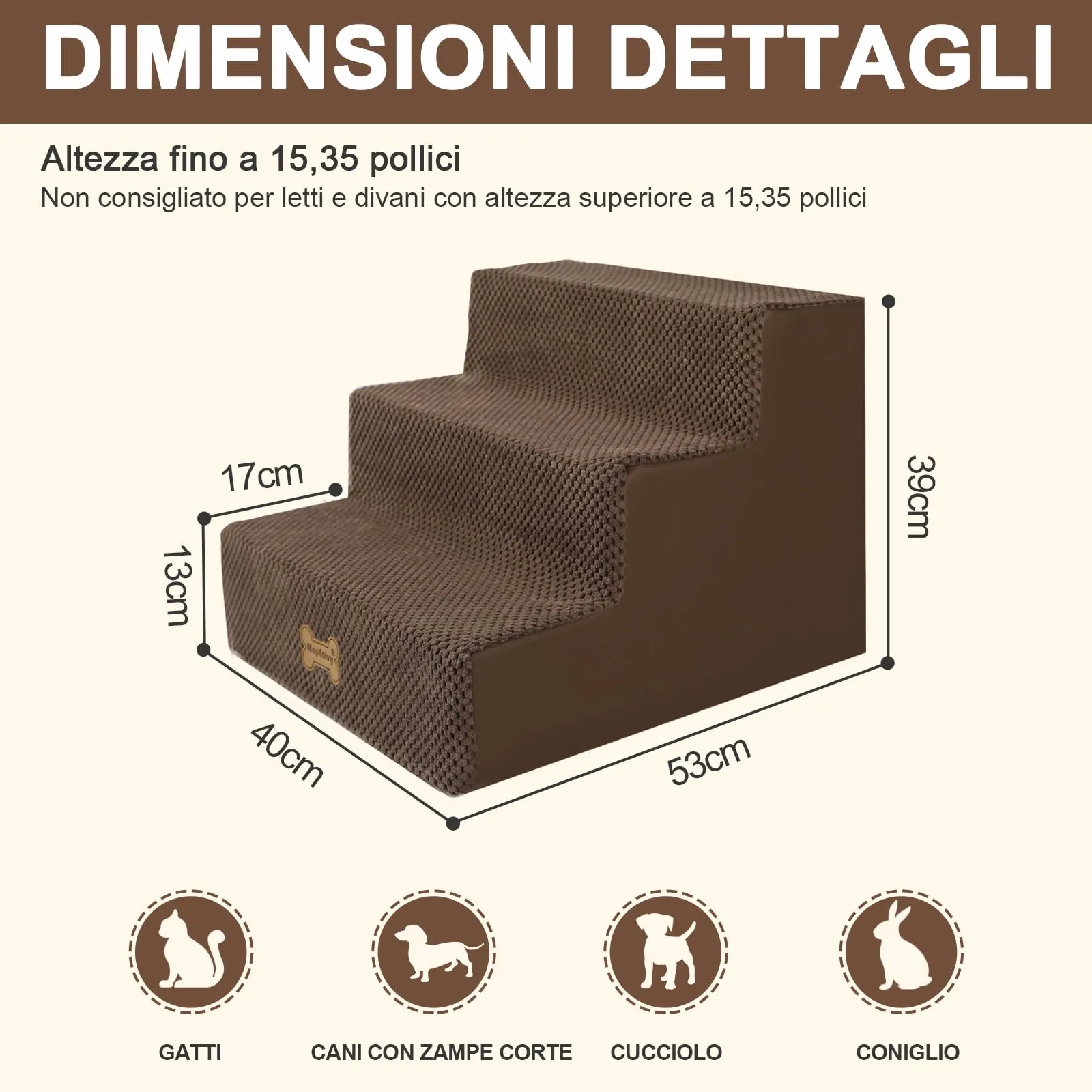 Nepfaivy Scaletta per Cani e Gatti, 3 Gradini con Copertura Rimovibile e Lavabile, Marrone, 45x40x34cm - immagine 5