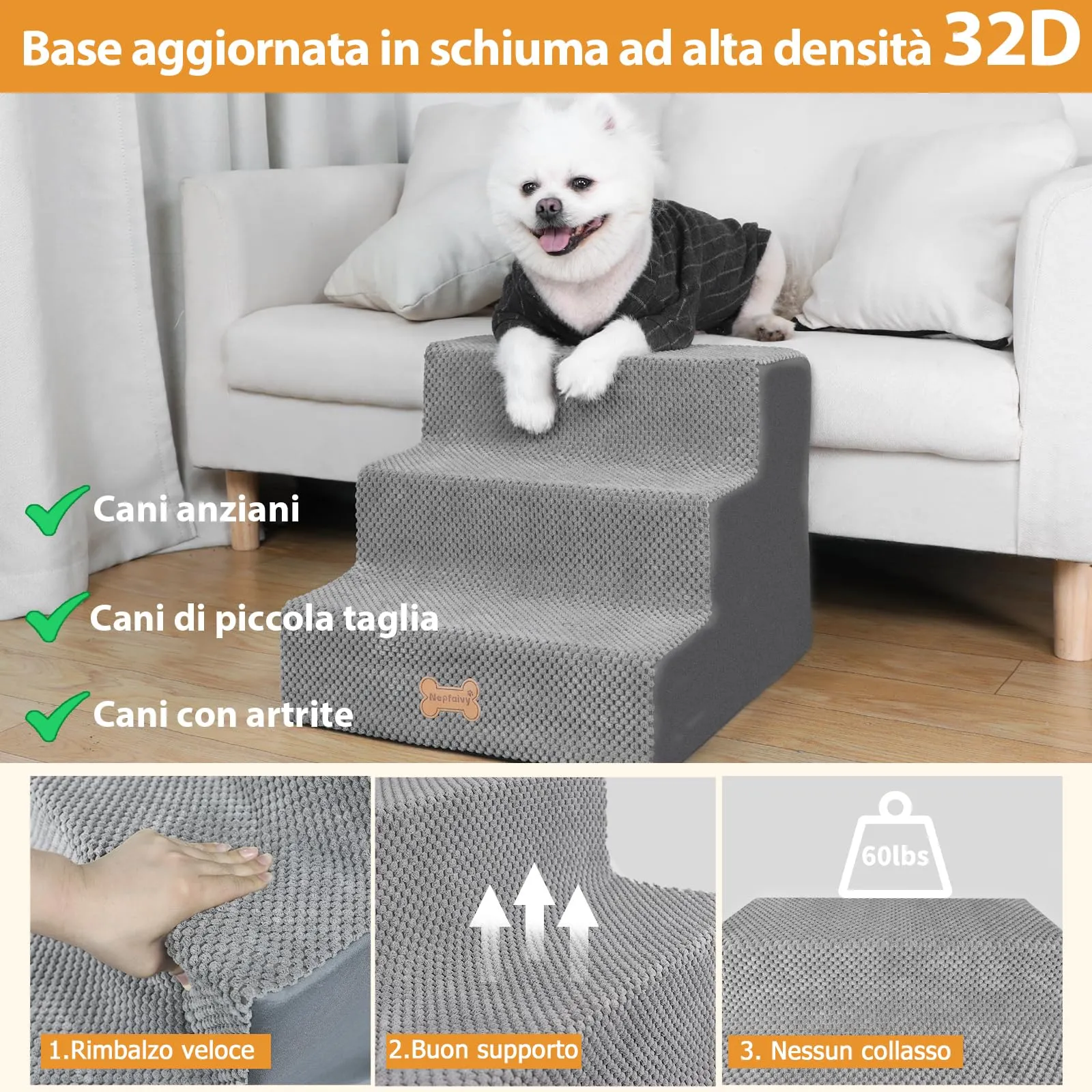 Nepfaivy Scaletta per Cani e Gatti, Copertura Rimovibile e Lavabile, Grigio, 53x40x39cm - immagine 2