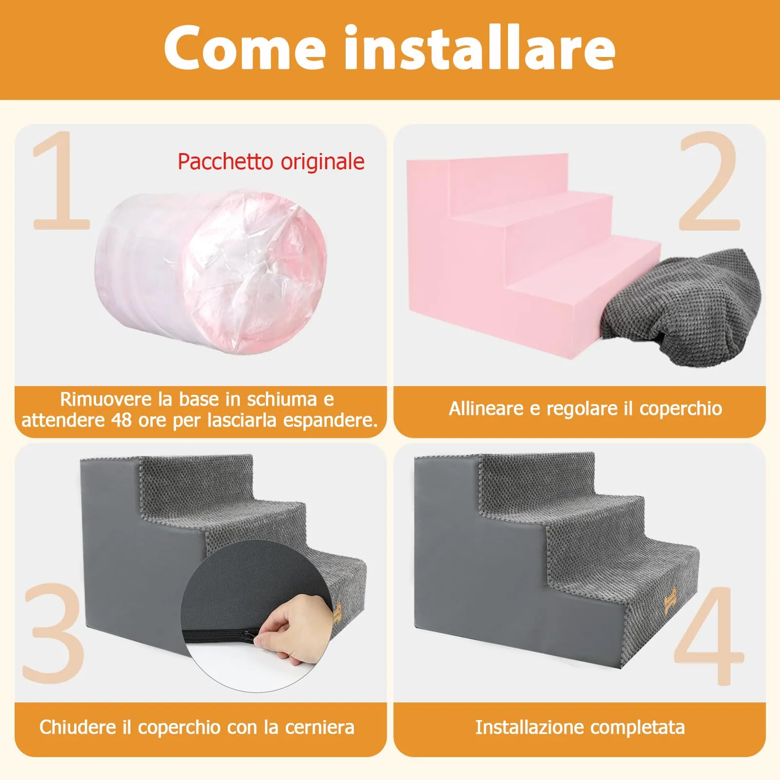Nepfaivy Scaletta per Cani e Gatti, Gradini con Copertura Rimovibile e Lavabile, Marrone, 53x40x39cm - immagine 6