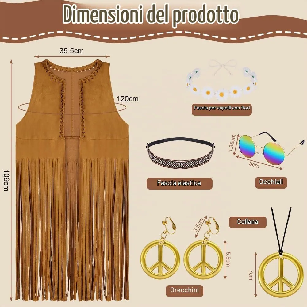 AOOWU Costume Hippie Donna, Set 10 Pezzi Accessori Stile Vintage Anni 70 - immagine 2