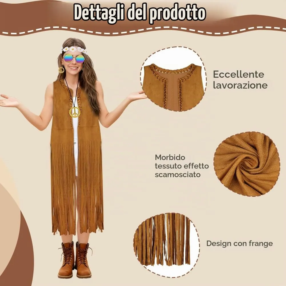 AOOWU Costume Hippie Donna, Set 10 Pezzi Accessori Stile Vintage Anni 70 - immagine 3