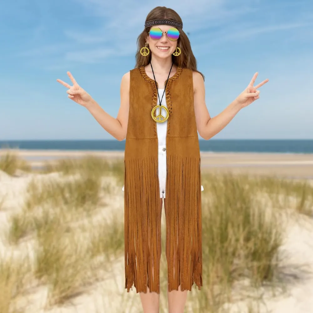 AOOWU Costume Hippie Donna, Set 10 Pezzi Accessori Stile Vintage Anni 70 - immagine 5