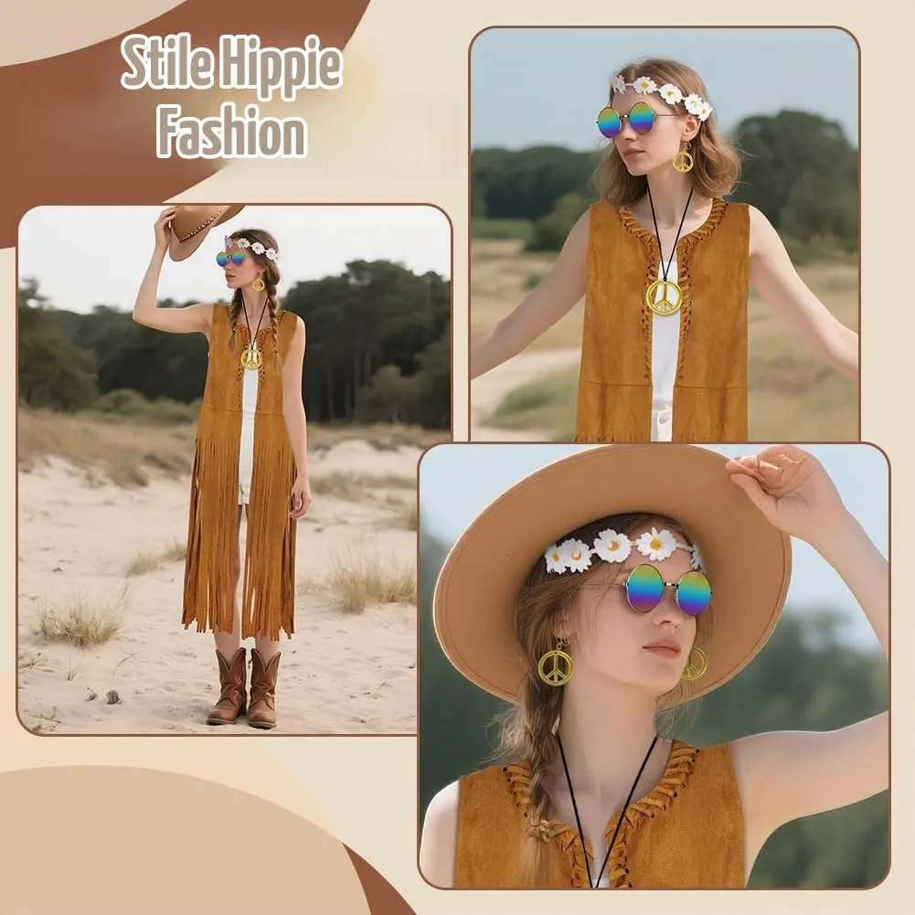 AOOWU Costume Hippie Donna, Set 10 Pezzi Accessori Stile Vintage Anni 70 - immagine 6