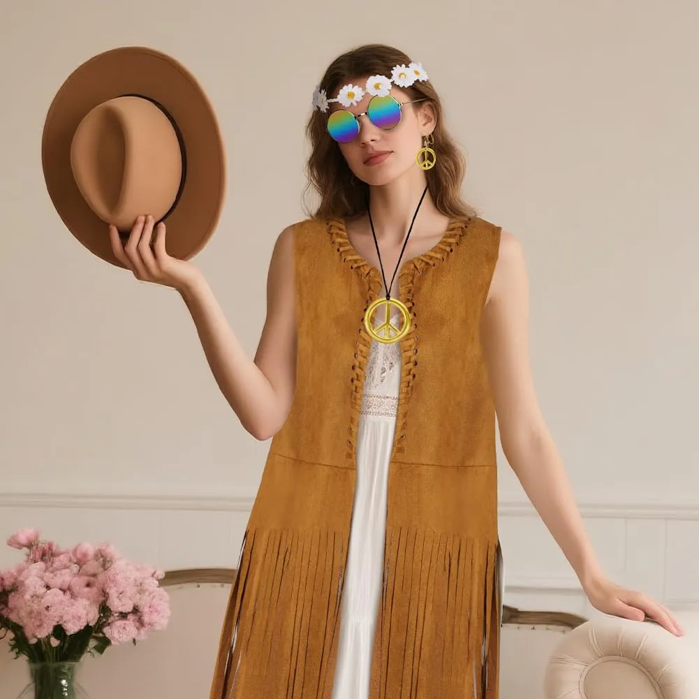 AOOWU Costume Hippie Donna, Set 10 Pezzi Accessori Stile Vintage Anni 70 - immagine 7