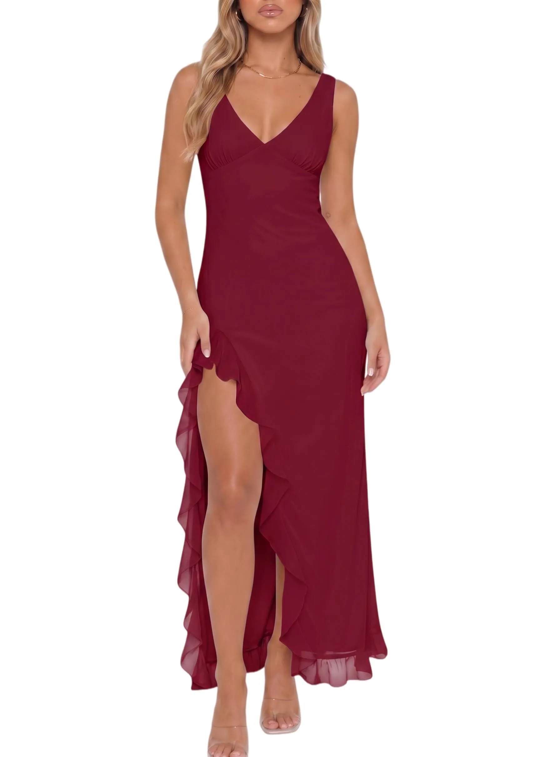 Xiaoliny Vestito Donna Elegante Senza Maniche Scollo a V Maxi Abito con Volant e Spacco in Rete Schiena Scoperta - immagine 1