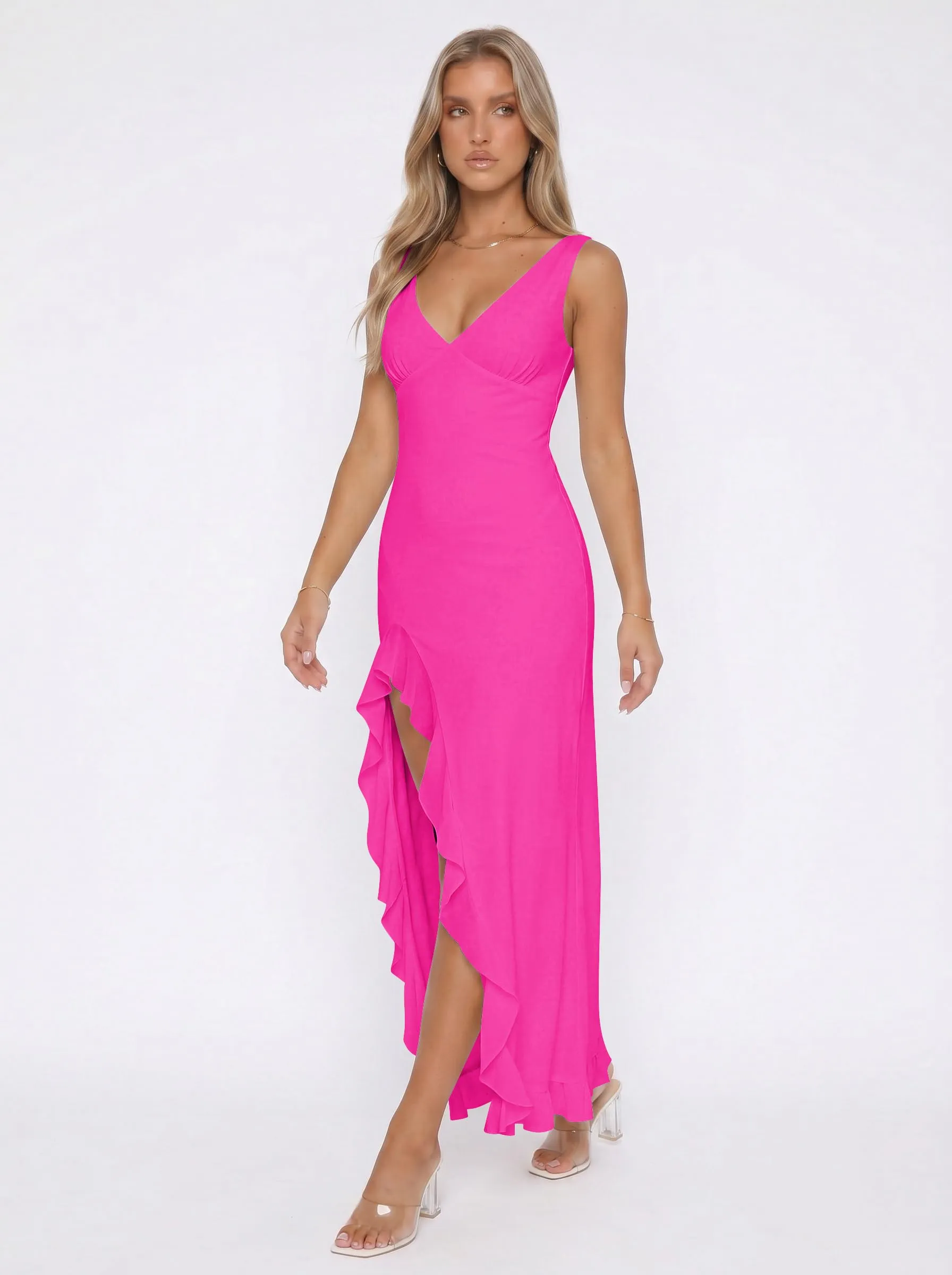 Xiaoliny Vestito Donna Elegante Senza Maniche Maxi Abito in Rete con Scollo a V Volant e Spacco - immagine 4