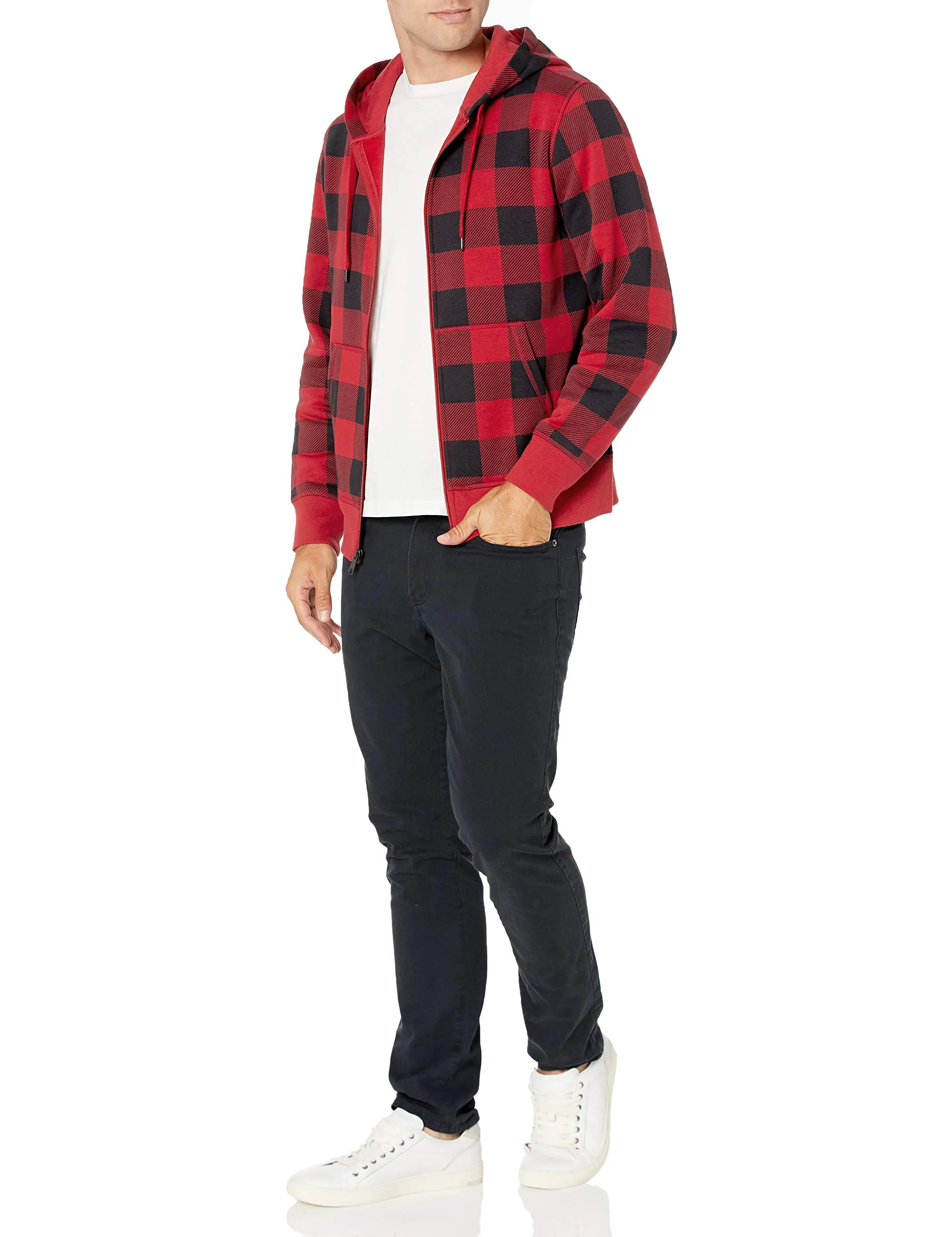 Amazon Essentials Felpa con Cappuccio in Pile con Zip Intera Uomo, Nero Rosso Buffalo Plaid, XS - immagine 6