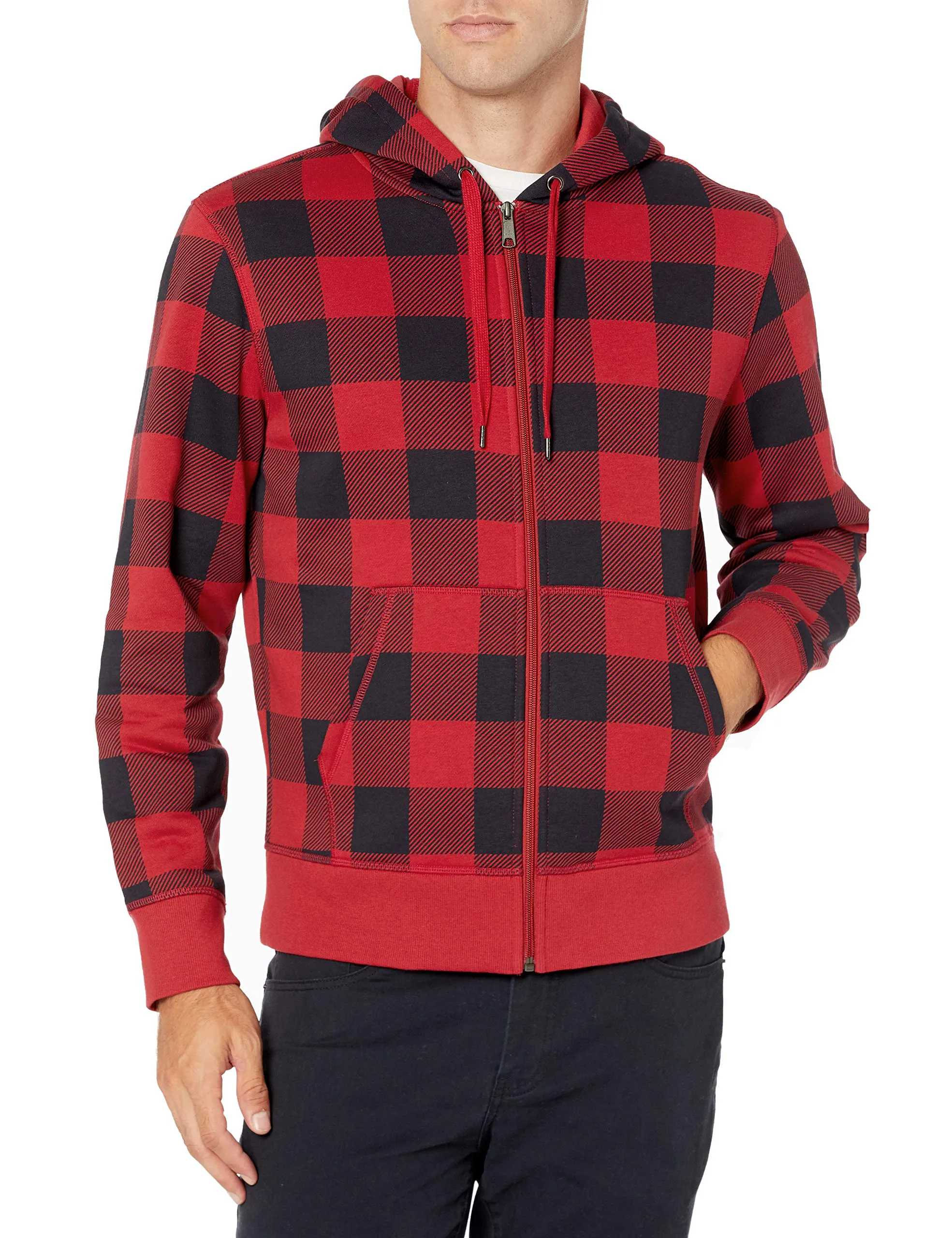 Amazon Essentials Felpa con Cappuccio in Pile con Zip Intera Uomo, Nero Rosso Buffalo Plaid, S - immagine 3