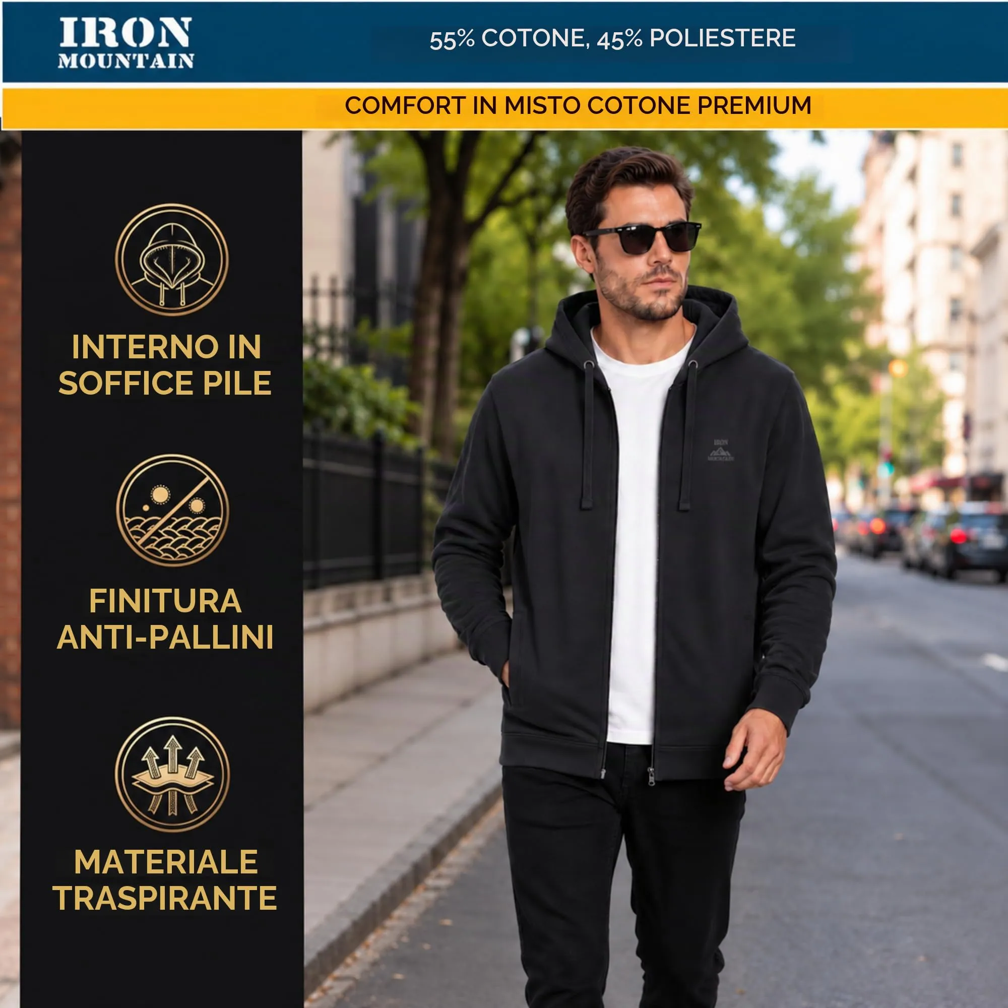 Iron Mountain Felpa Uomo con Zip e Cappuccio Fleece, Carbone, XXL - immagine 3