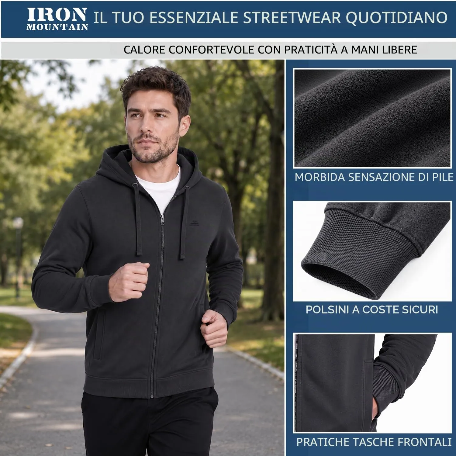 Iron Mountain Felpa Uomo con Zip e Cappuccio Fleece, Carbone, XXL - immagine 4