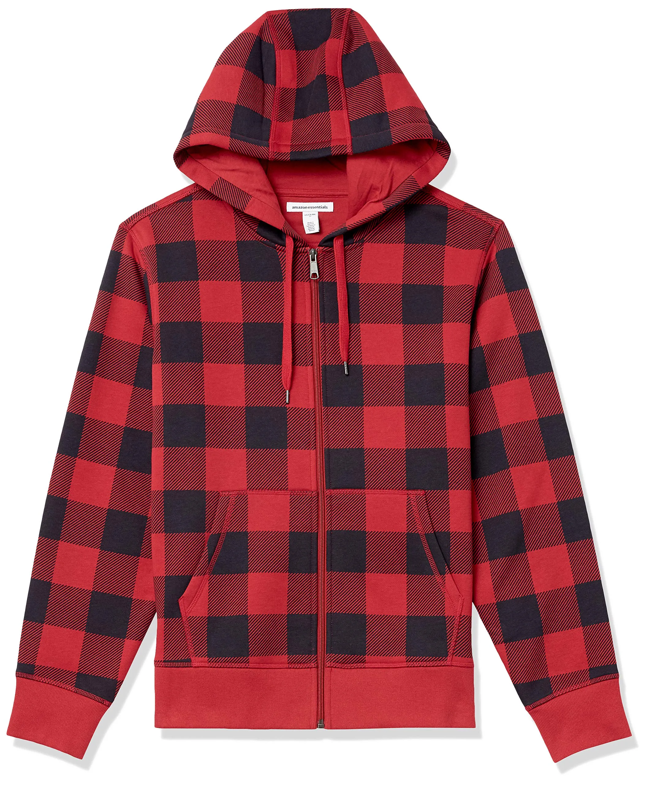 Amazon Essentials Felpa con Cappuccio in Pile con Zip Intera Uomo, Nero Rosso Buffalo Plaid, XXL - immagine 1