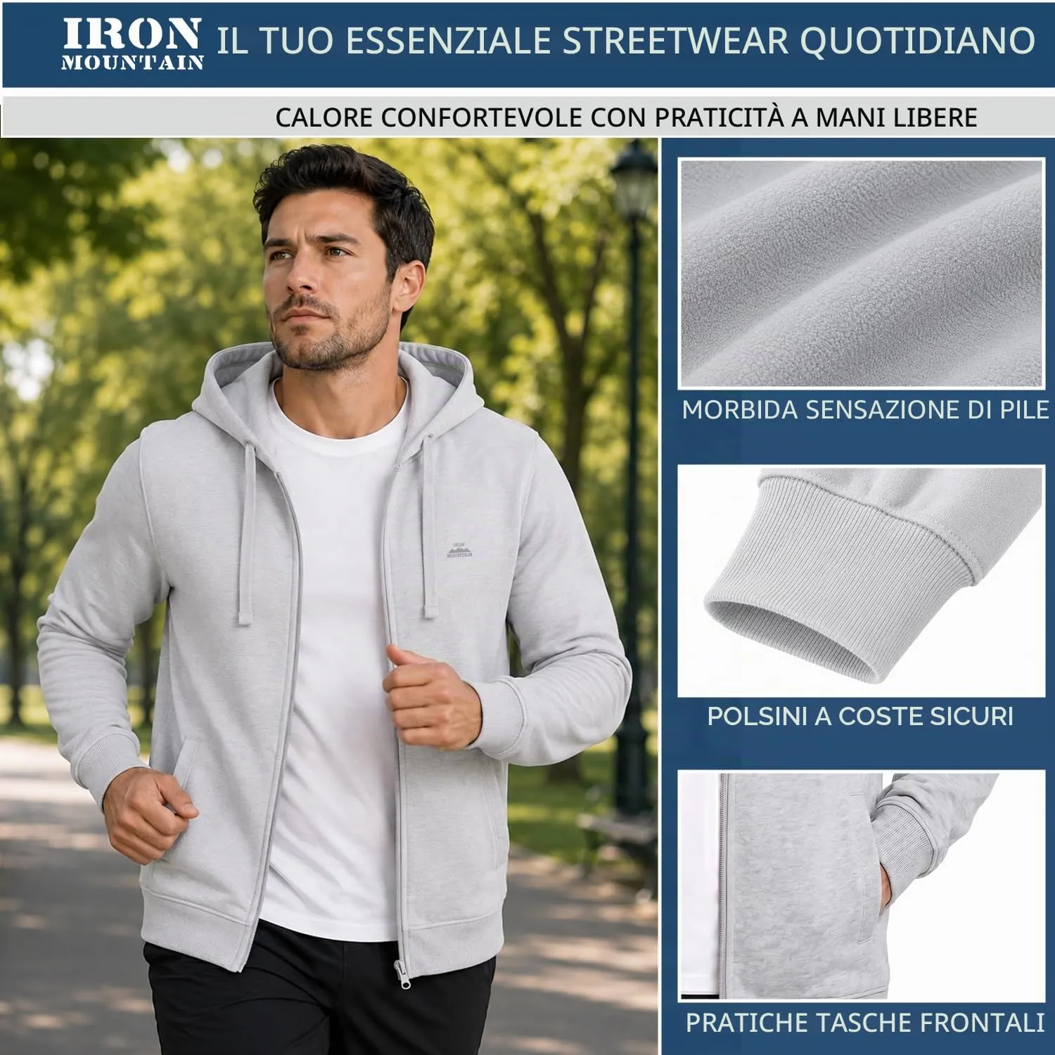 Iron Mountain Felpa Uomo con Zip e Cappuccio Fleece, Grigio Chiaro, 4XL - immagine 4