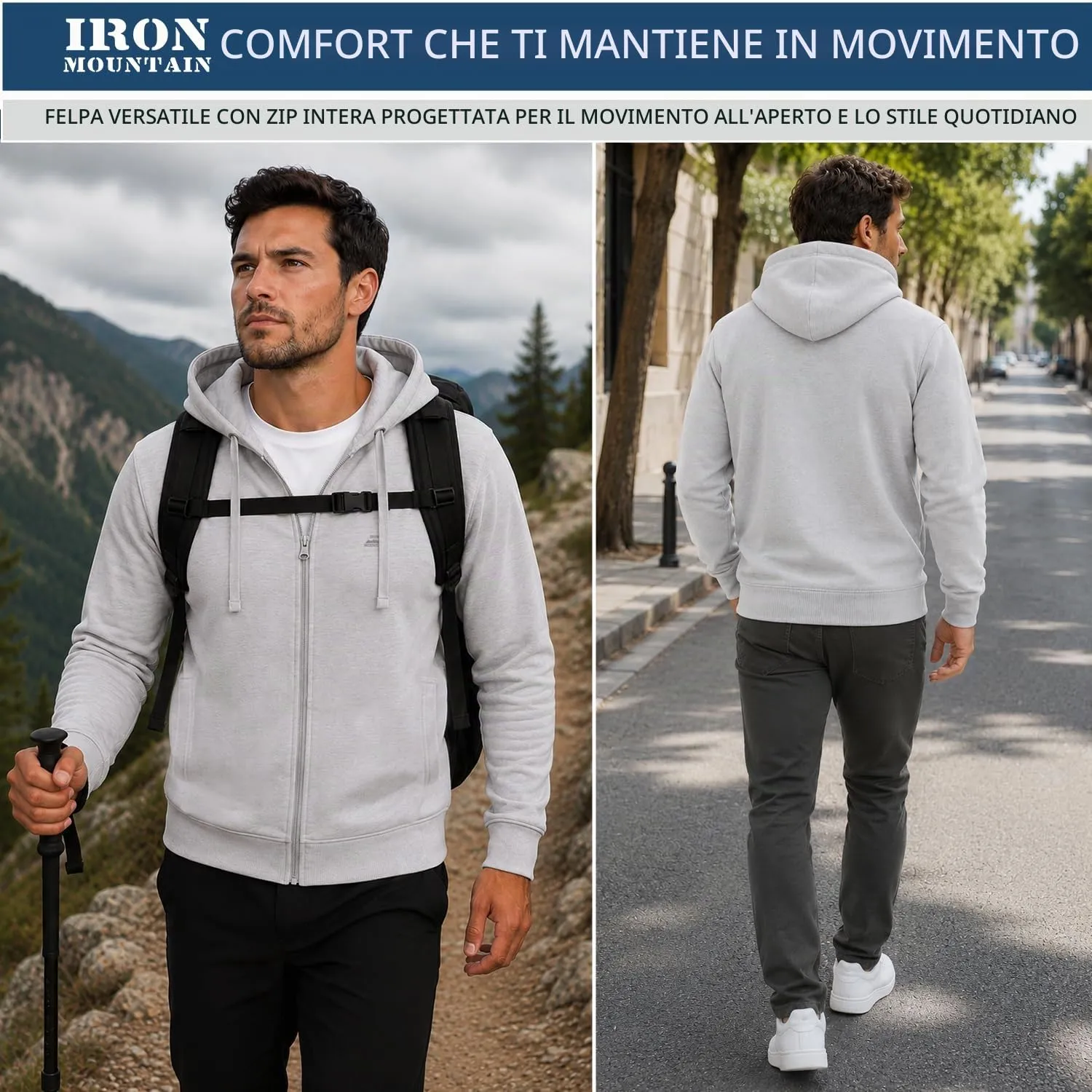 Iron Mountain Felpa Uomo con Zip e Cappuccio Fleece, Grigio Chiaro, 4XL - immagine 7