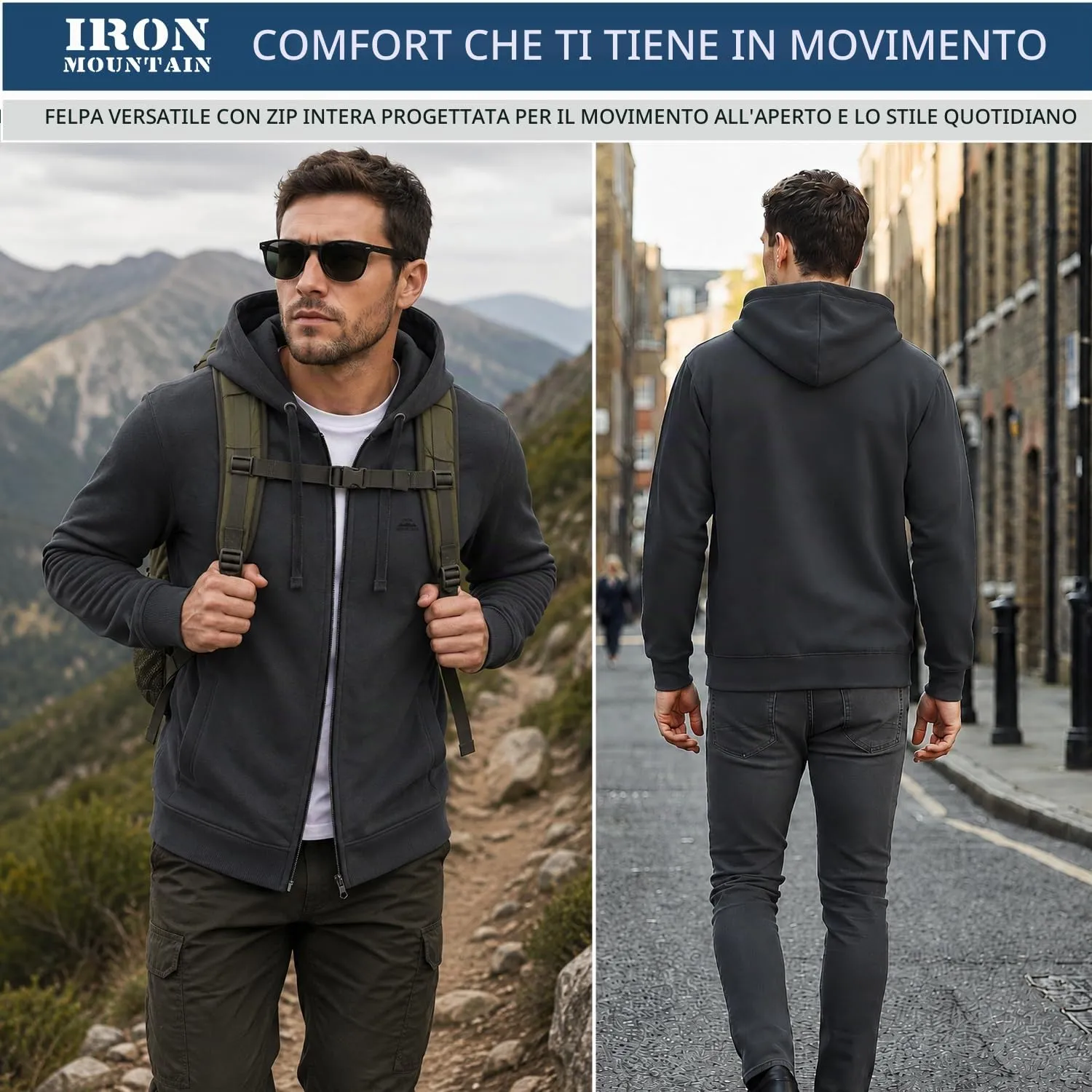 Iron Mountain Felpa Uomo con Zip e Cappuccio Fleece, Carbone, L - immagine 6