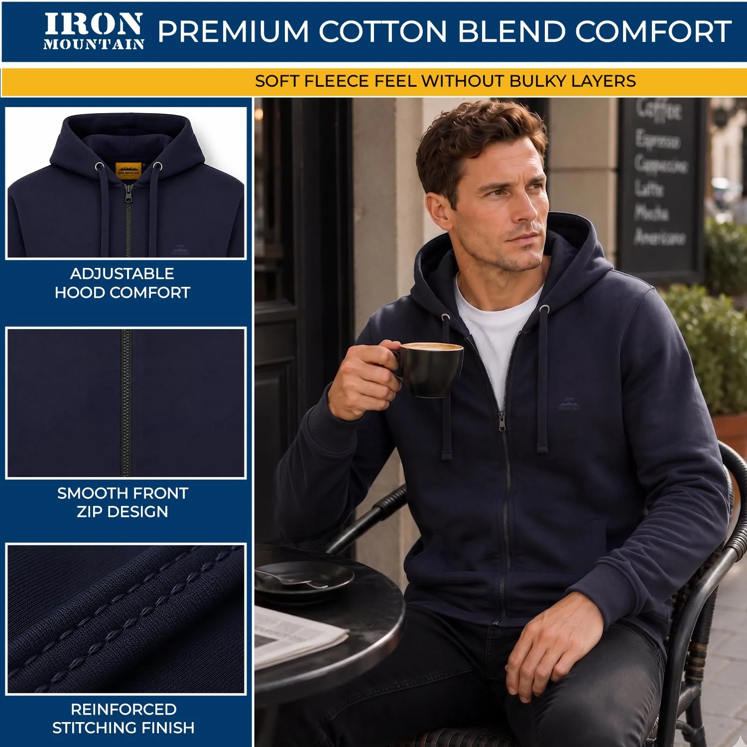 Iron Mountain Felpa Uomo con Zip e Cappuccio Fleece (Blu Navy, 4XL) - immagine 5
