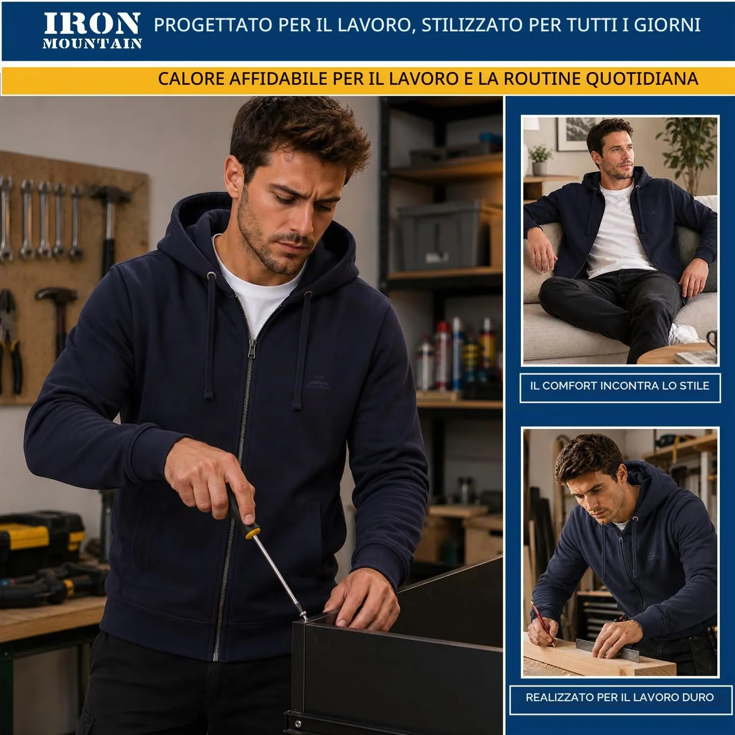 Iron Mountain Felpa Uomo con Zip e Cappuccio Fleece (Blu Navy, 4XL) - immagine 7