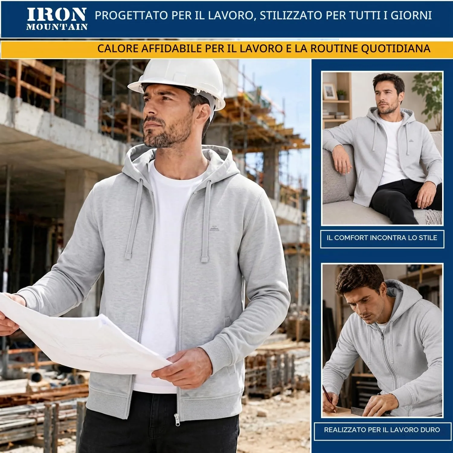 Iron Mountain Felpa Uomo con Zip e Cappuccio Fleece (Grigio Chiaro, 3XL) - immagine 2
