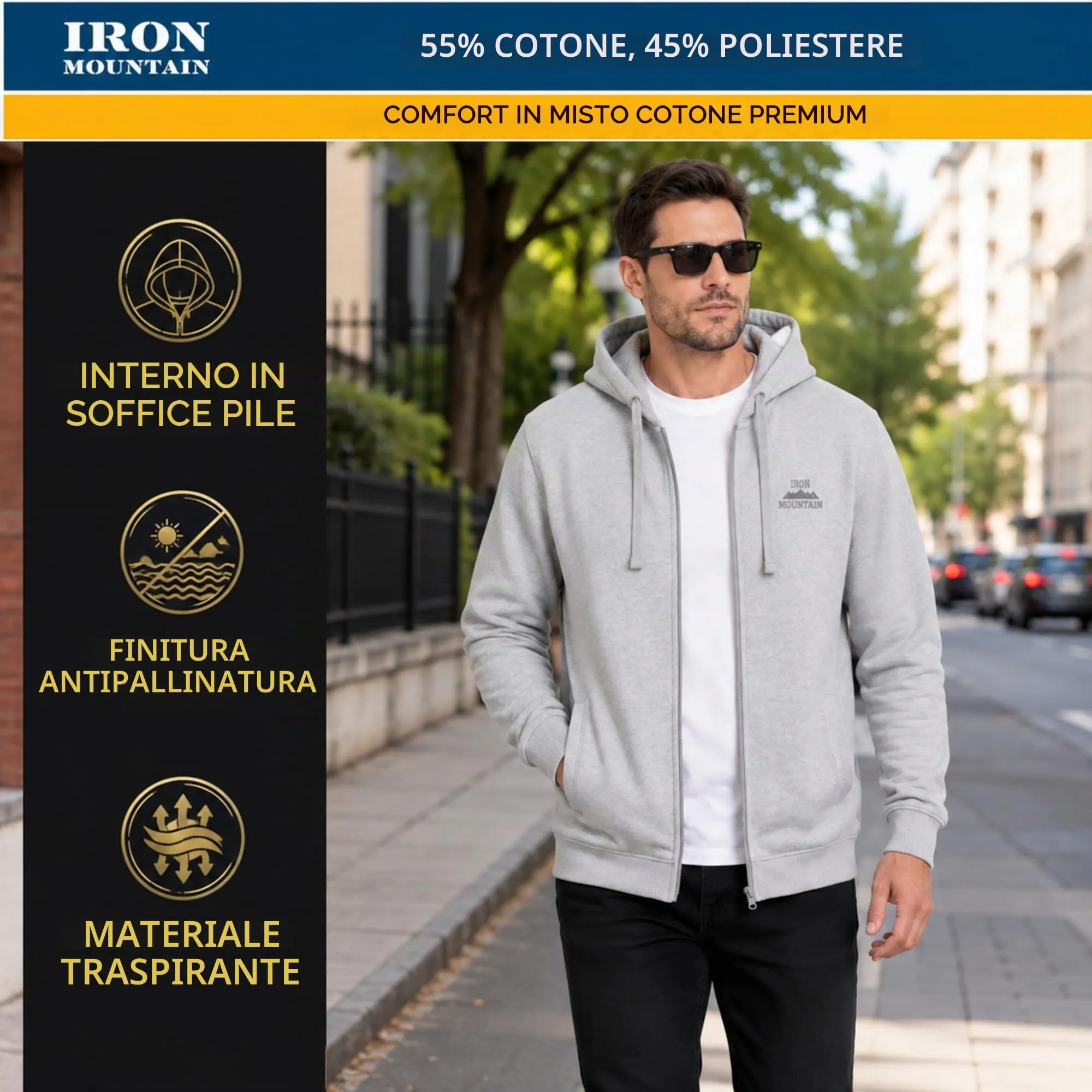 Iron Mountain Felpa Uomo con Zip e Cappuccio Fleece (Grigio Chiaro, 3XL) - immagine 3
