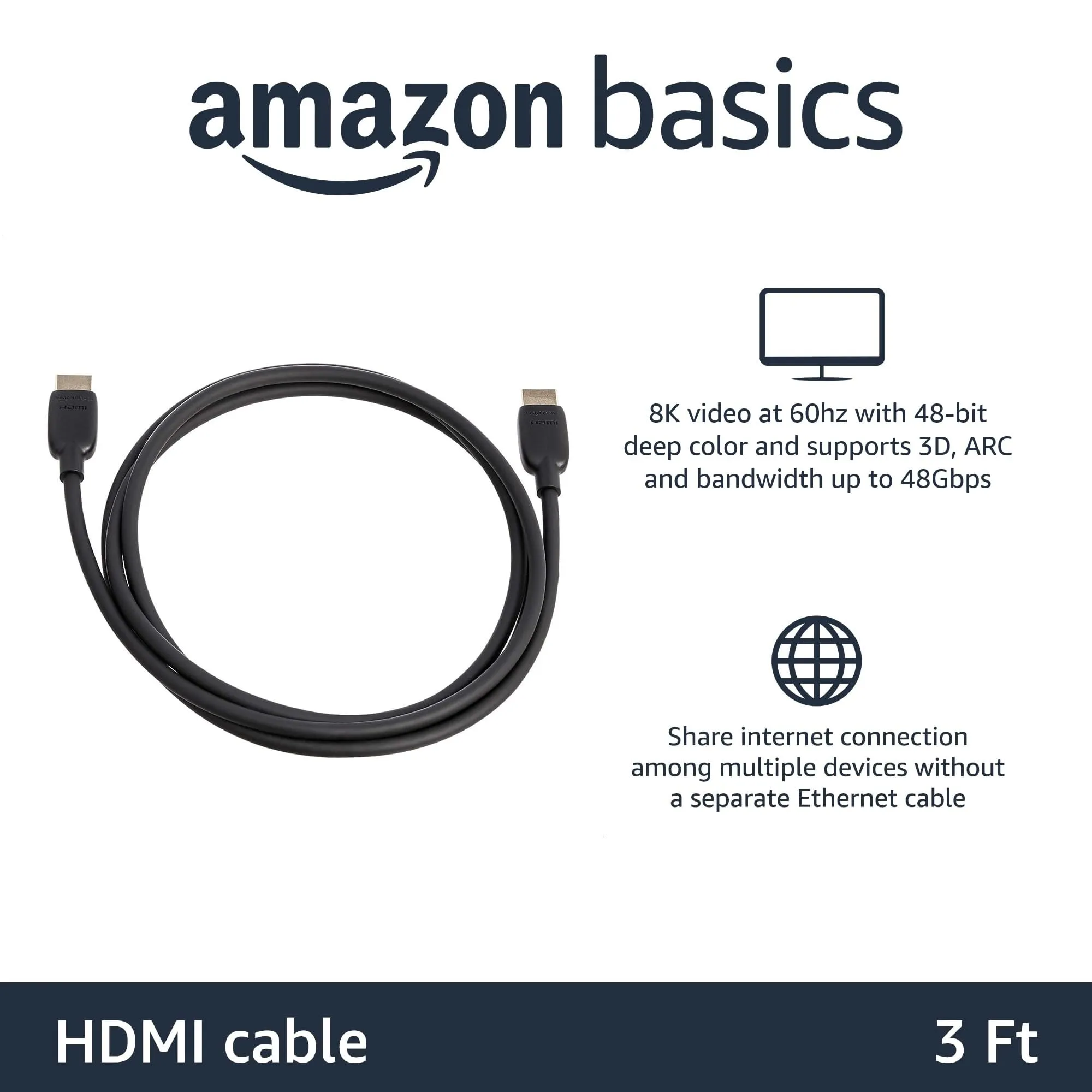 Amazon Basics HDMI 2.1 Cable, 3 Feet, 48Gbps, 8K@60Hz 4K@120Hz, Black - immagine 2