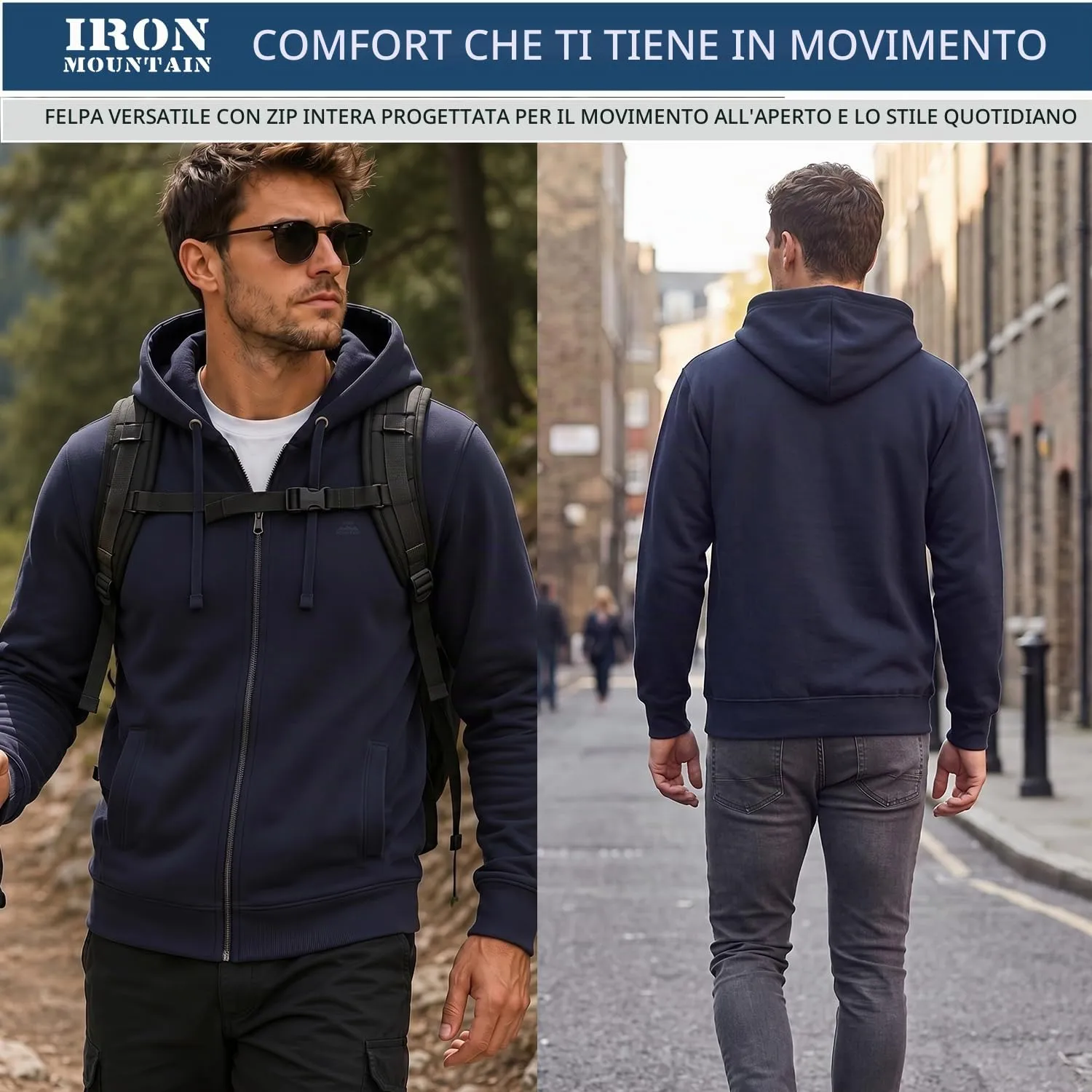 Iron Mountain Felpa Uomo con Zip e Cappuccio Fleece, Blu Navy, L - immagine 2