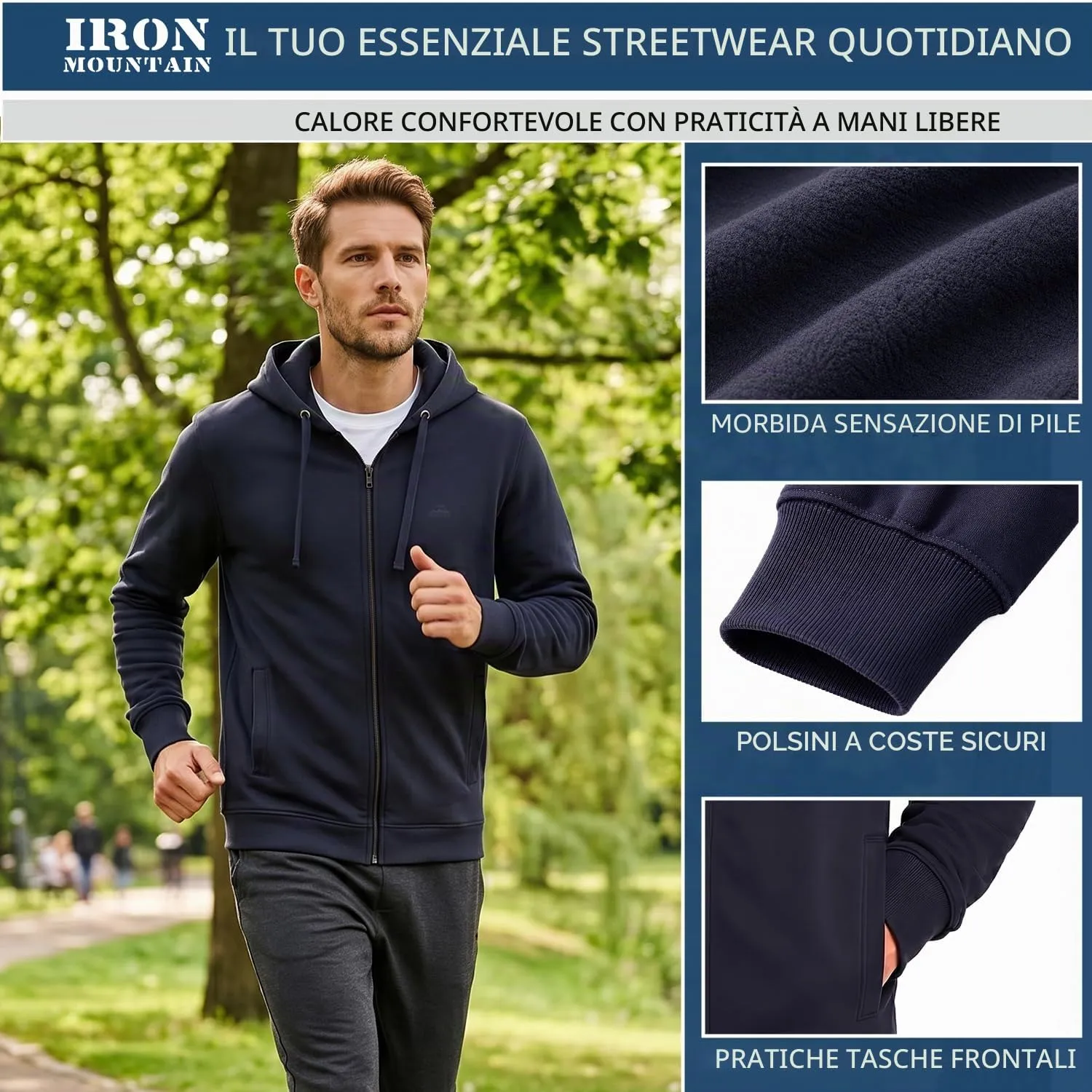 Iron Mountain Felpa Uomo con Zip e Cappuccio Fleece, Blu Navy, L - immagine 4