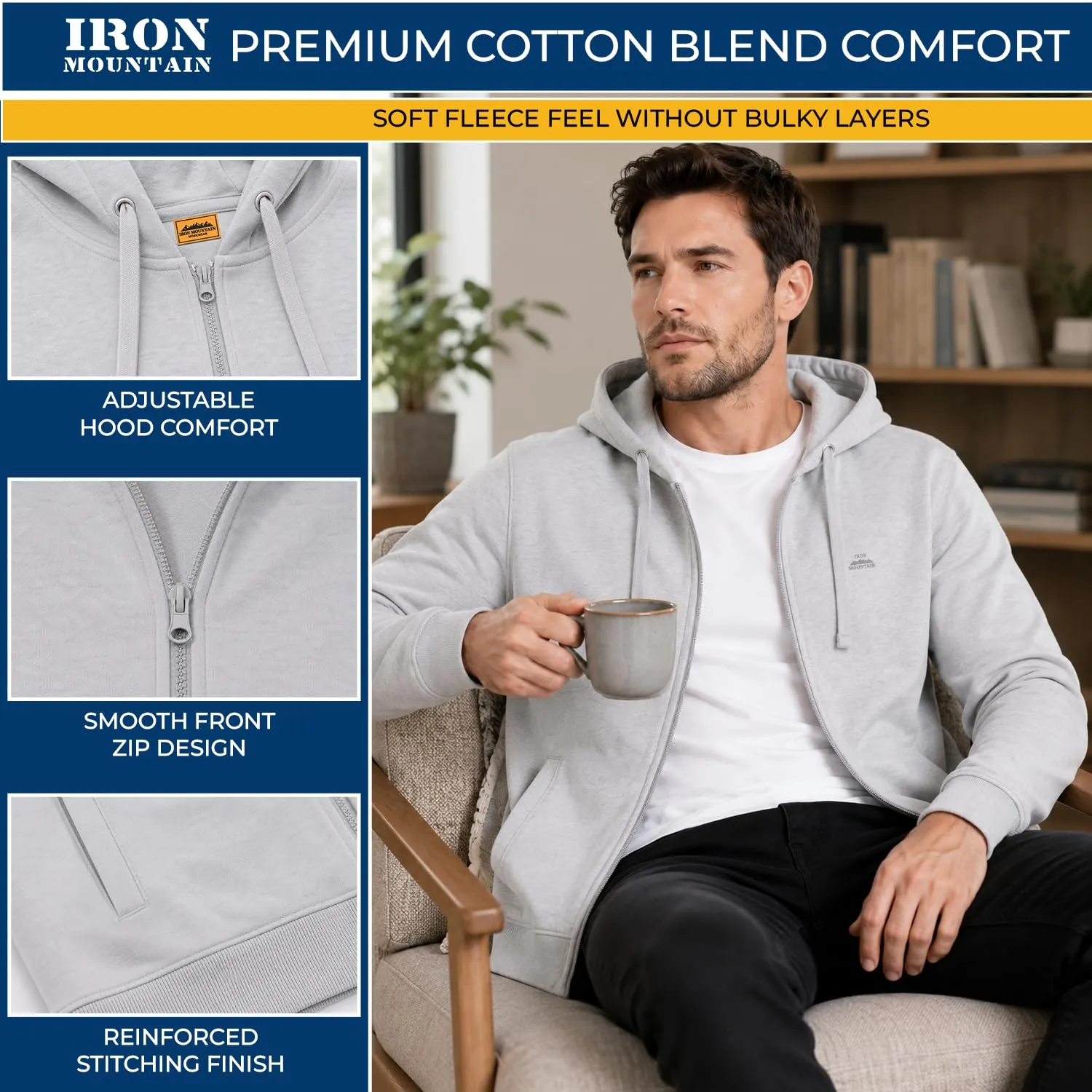 Iron Mountain Felpa Uomo con Zip e Cappuccio Fleece, Grigio Chiaro, XL - immagine 5