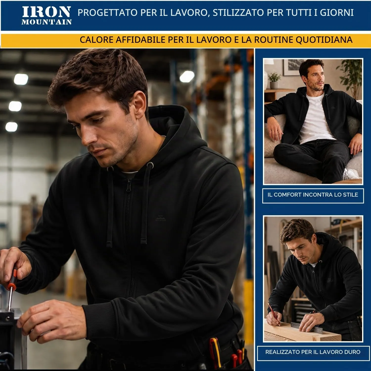 Iron Mountain Felpa Uomo con Zip e Cappuccio Fleece, Nero, 3XL - immagine 2