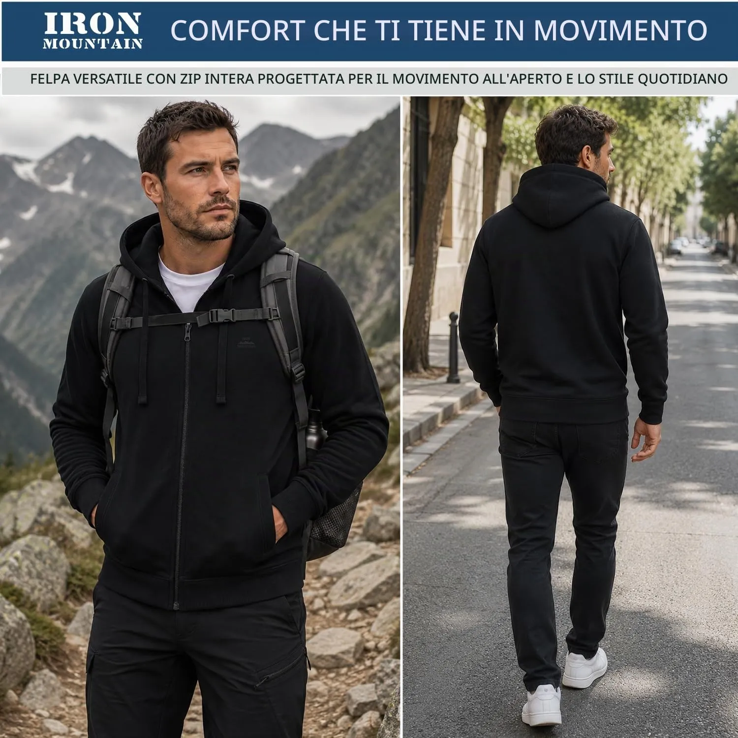 Iron Mountain Felpa Uomo con Zip e Cappuccio Fleece, Nero, 3XL - immagine 7