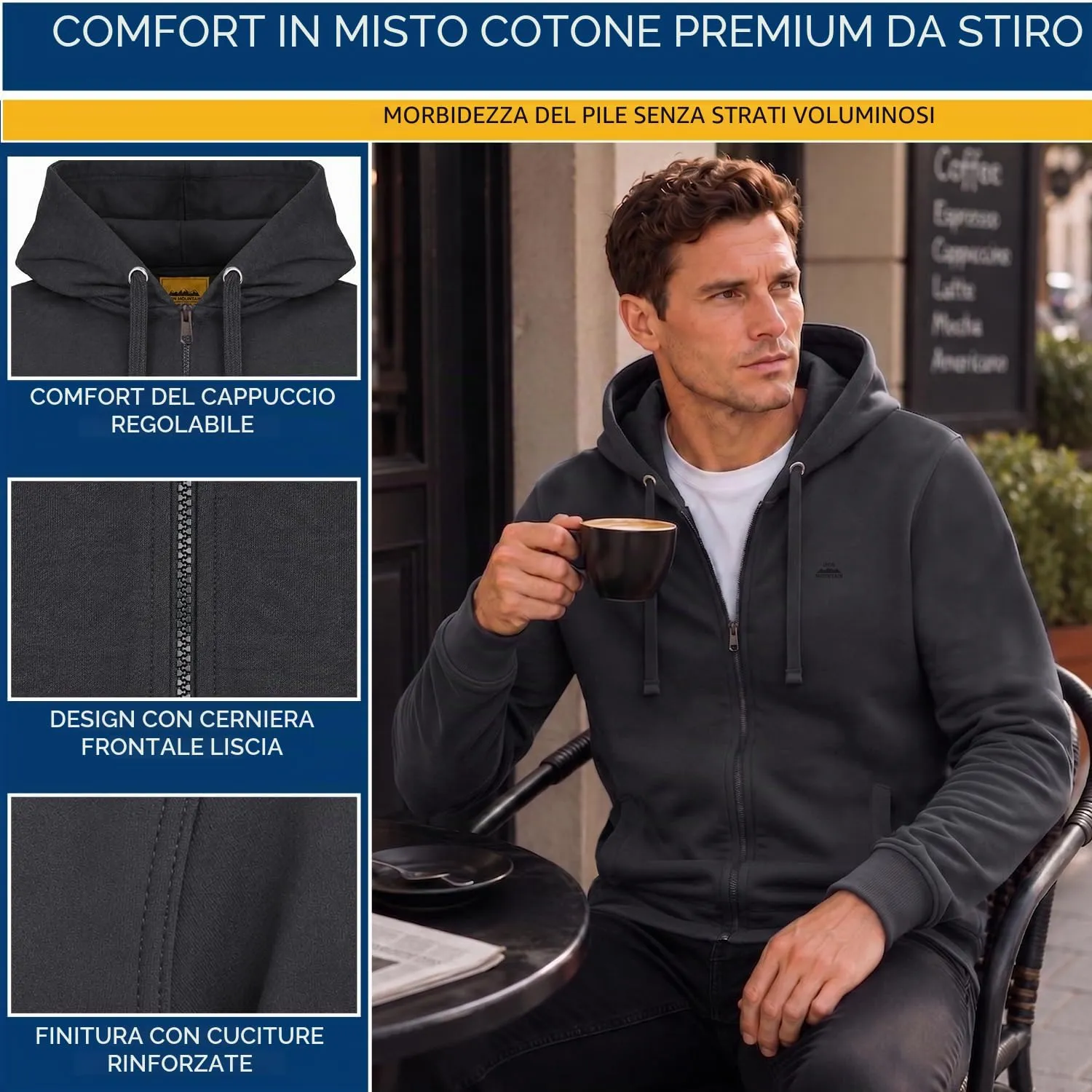Iron Mountain Felpa Uomo con Zip e Cappuccio Fleece, Carbone, M - immagine 5