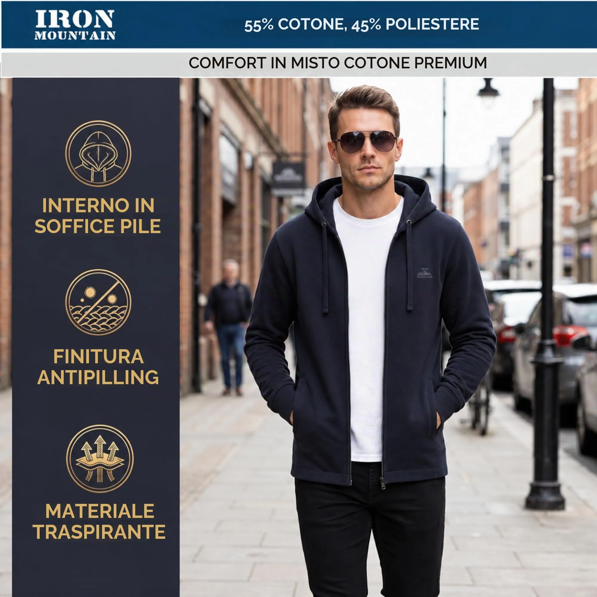 Iron Mountain Felpa Uomo con Zip e Cappuccio Fleece, Blu Navy, M - immagine 3