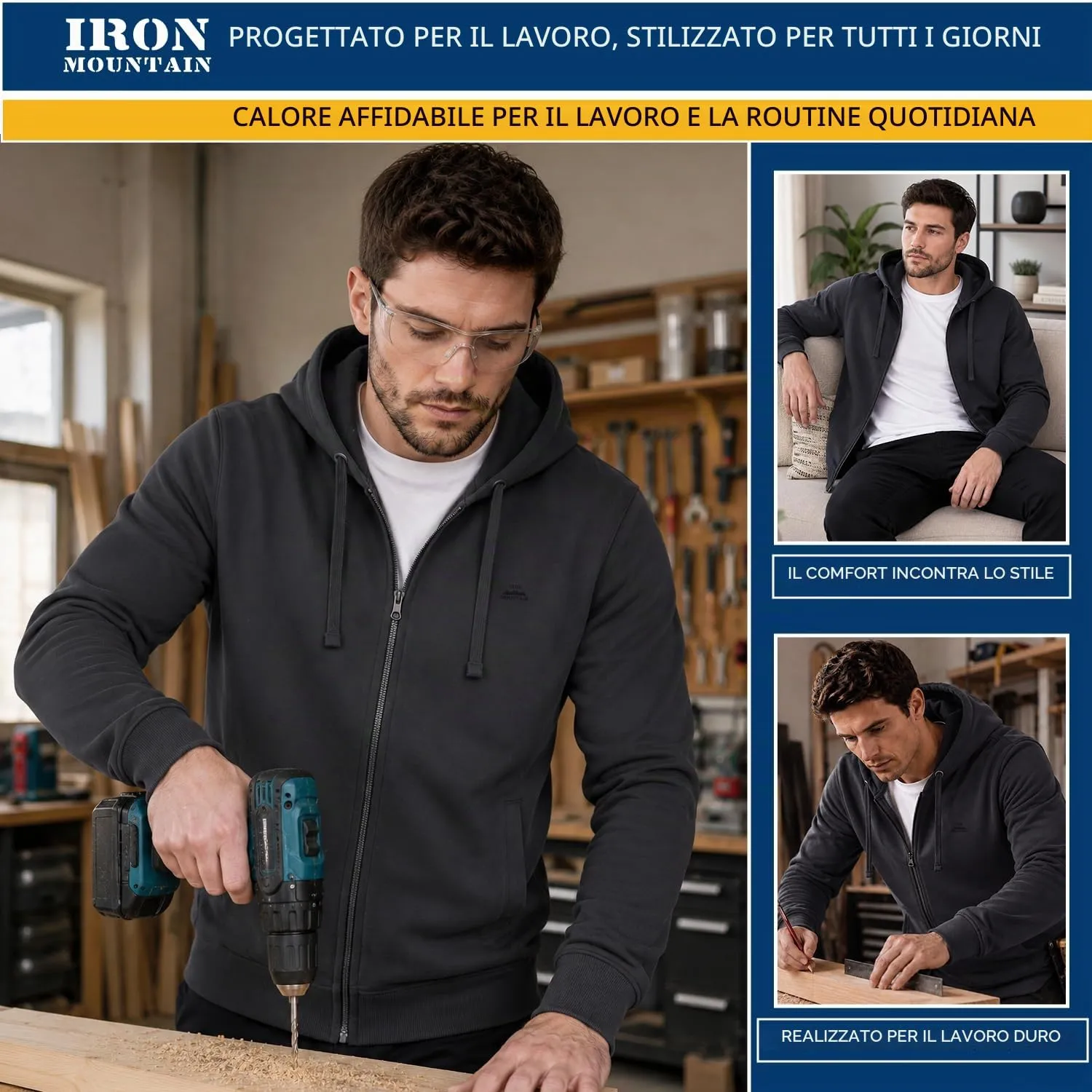 Iron Mountain Felpa Uomo con Zip e Cappuccio Fleece, Carbone, S - immagine 2