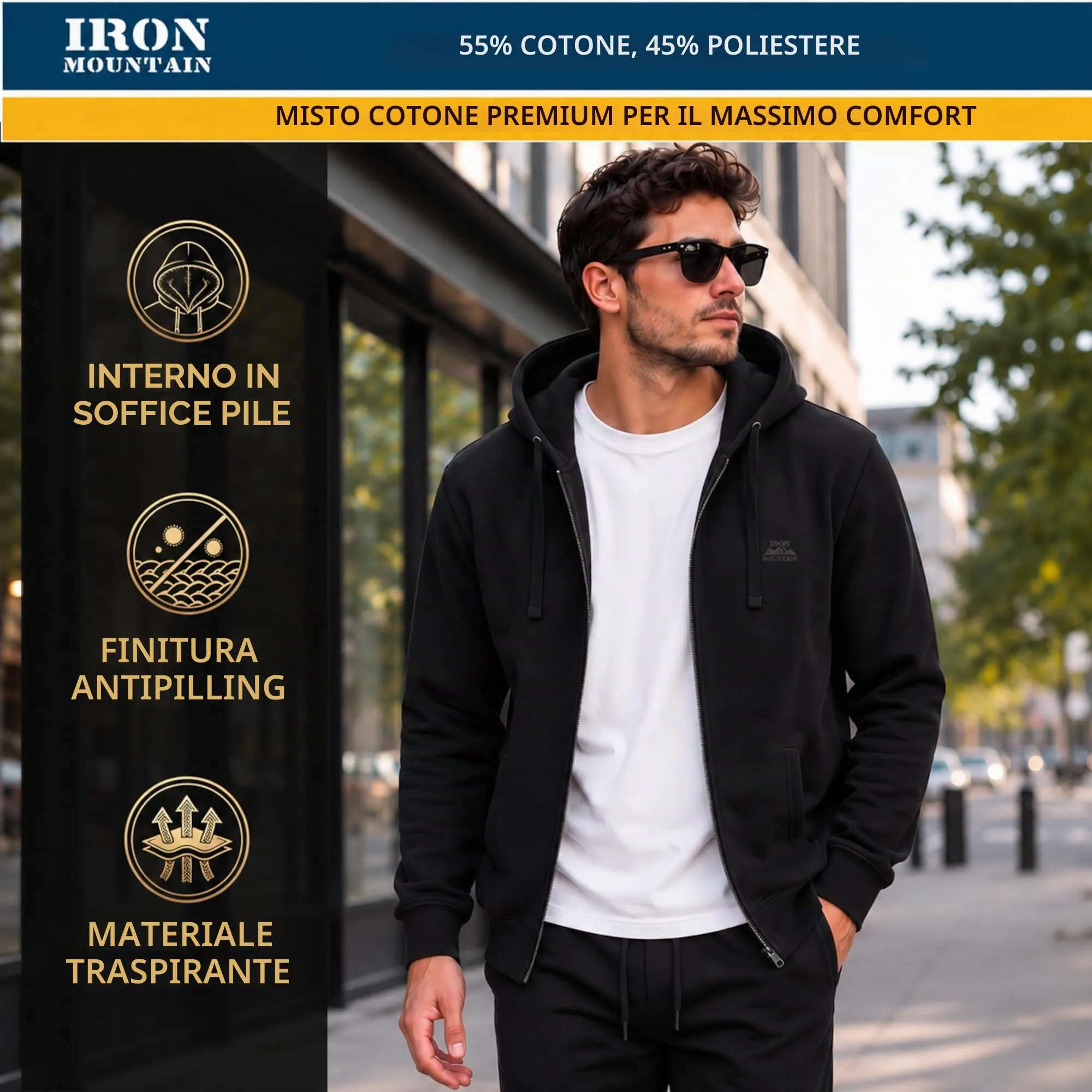 Iron Mountain Felpa Uomo con Zip e Cappuccio Fleece, Nero, S - immagine 3