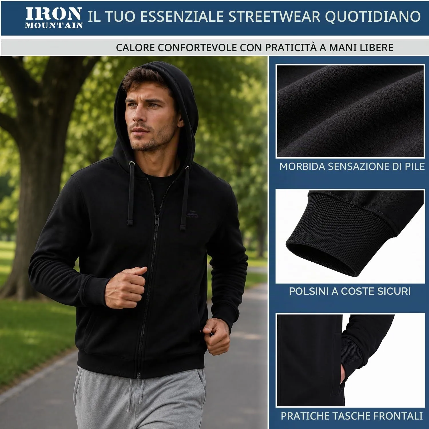 Iron Mountain Felpa Uomo con Zip e Cappuccio Fleece, Nero, S - immagine 4