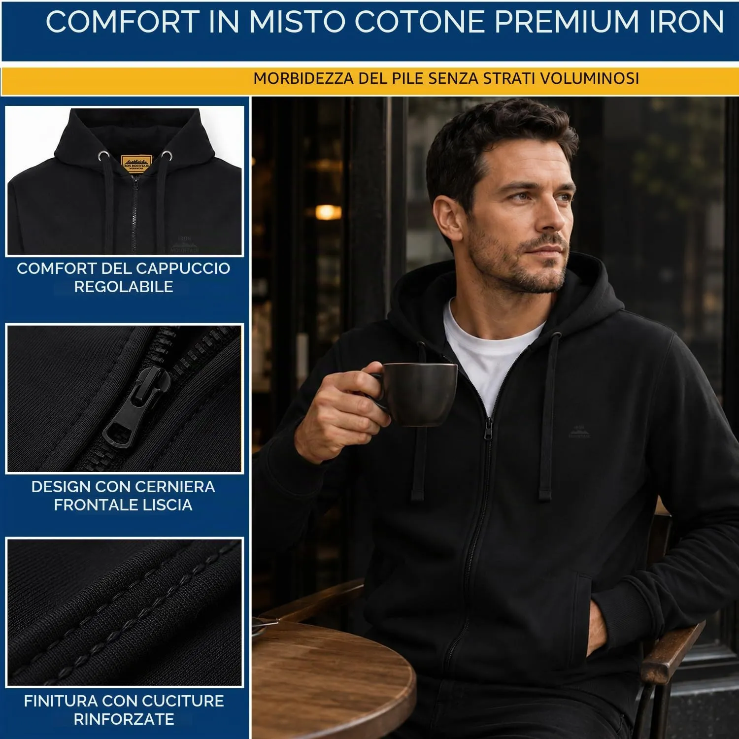 Iron Mountain Felpa Uomo con Zip e Cappuccio Fleece, Nero, S - immagine 5