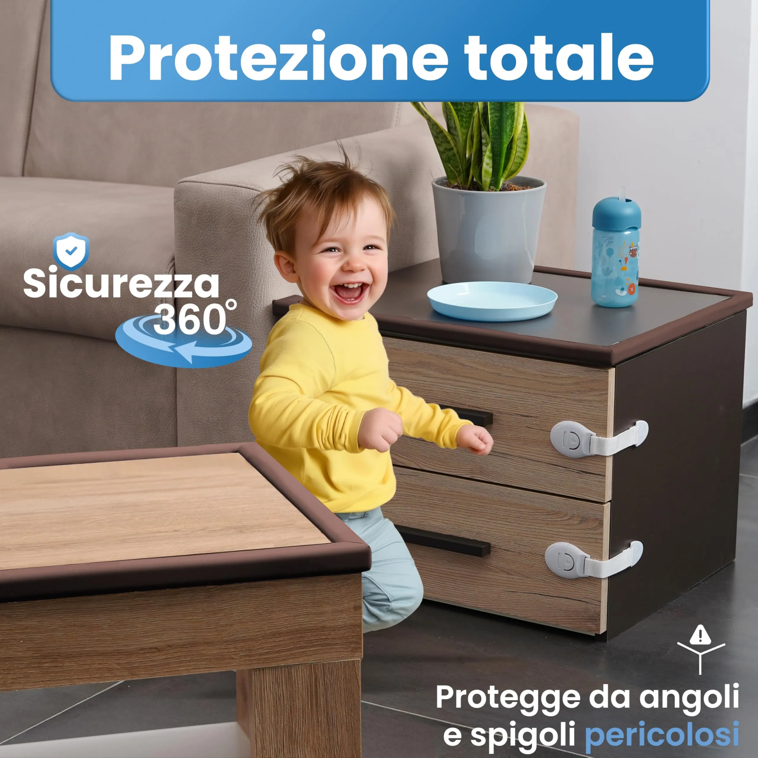 Happy Chlea Kit Sicurezza Casa per Bambini - 2 m Parabordi, 4 Angolari in Gomma con Schiuma Attiva e 2 Blocca Cassetti - immagine 2
