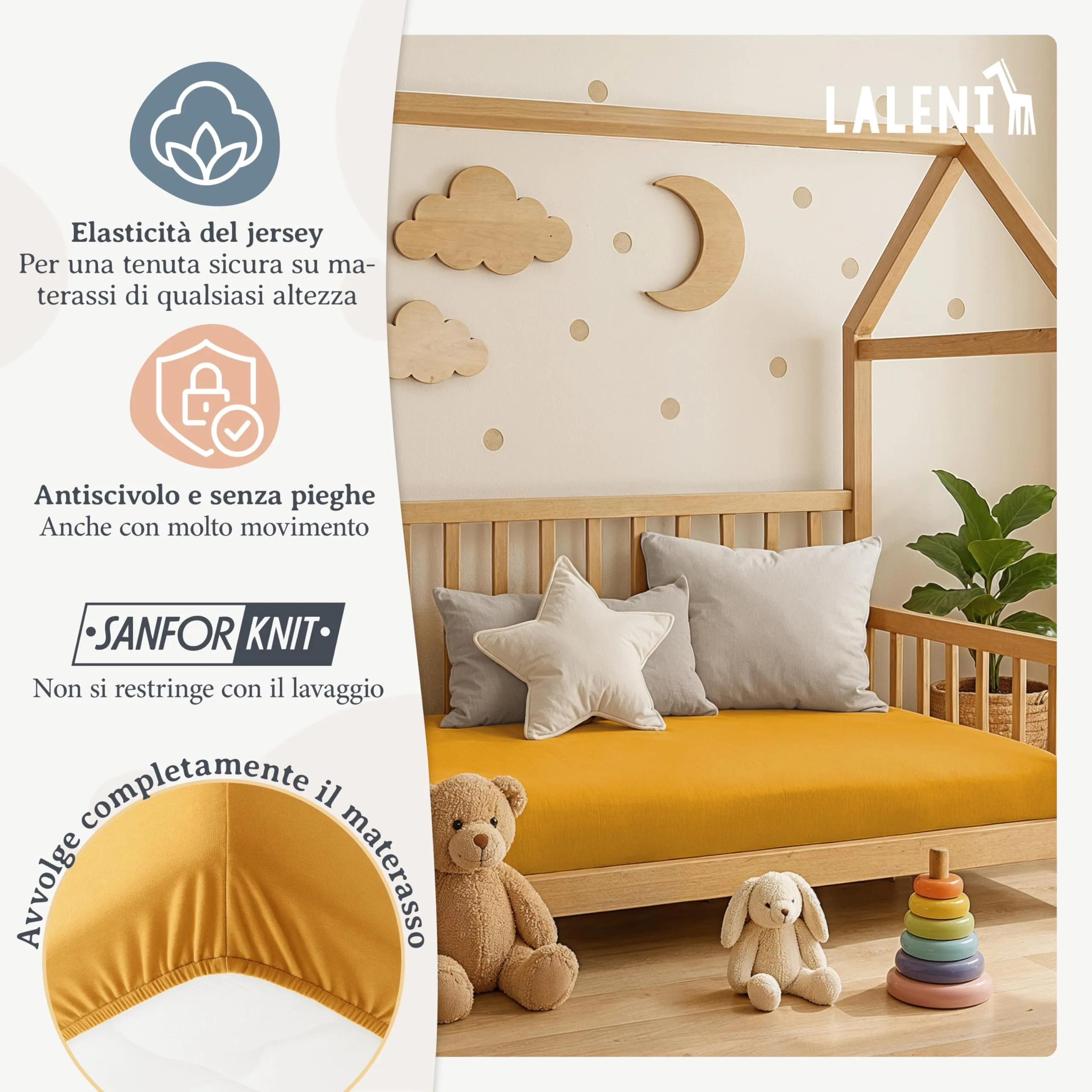 Laleni Lenzuola Lettino e Coprimaterasso 100% Cotone, Senape, 70x140cm - immagine 4