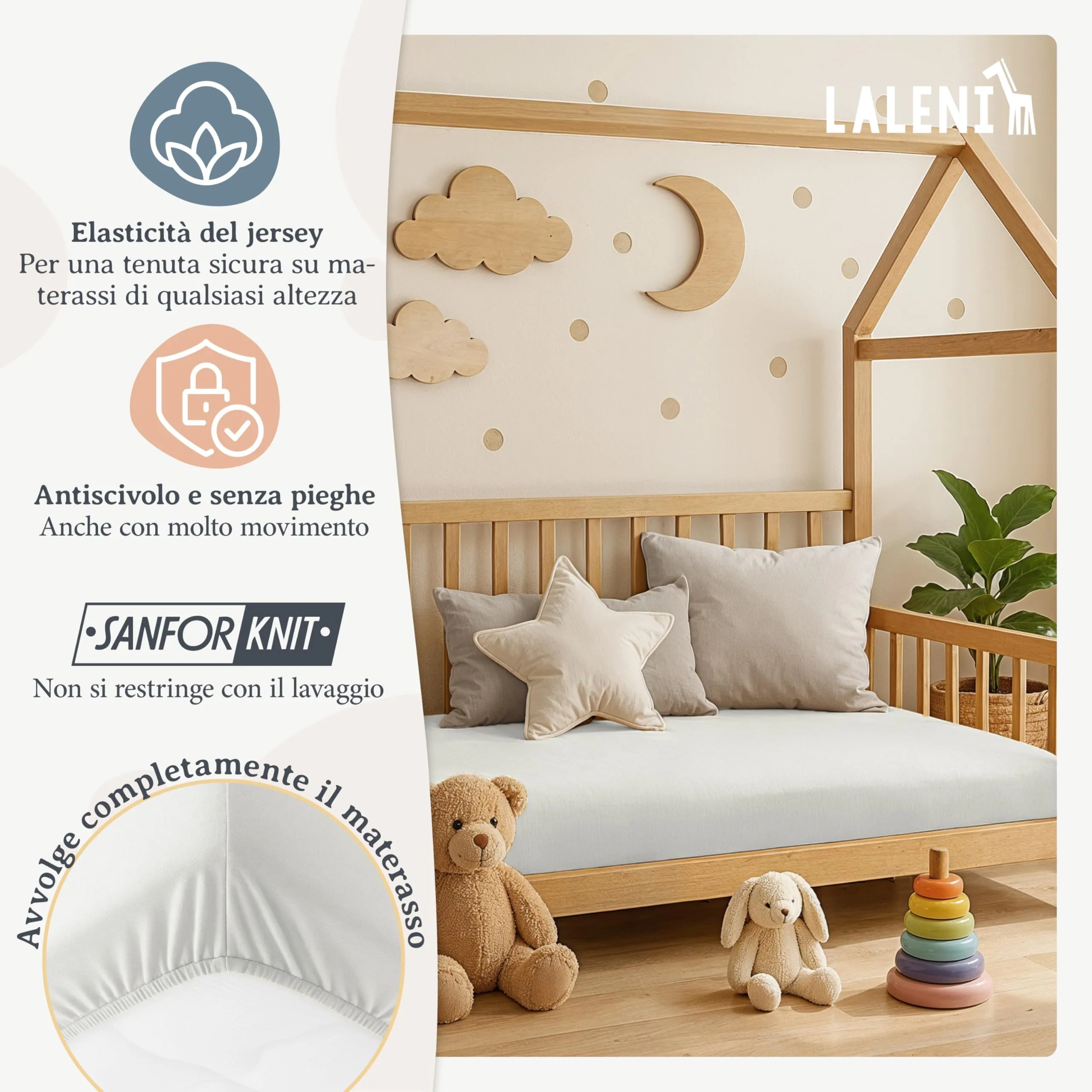 Laleni Lenzuola Coprimaterasso per Lettino e Culla in Cotone 135gsm, 60x120cm - Avorio - immagine 4