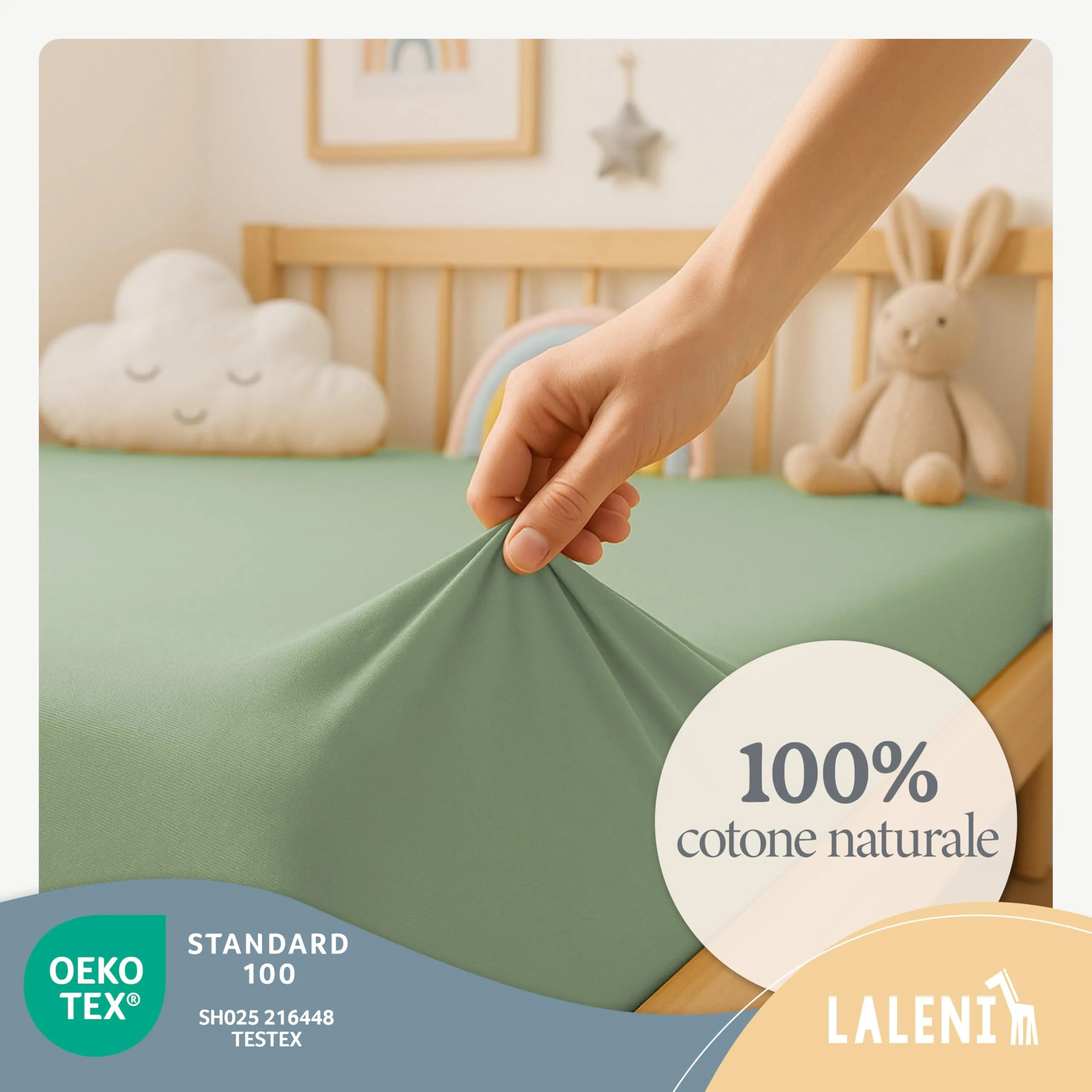Laleni Lenzuola con Angoli per Culla e Lettino, 100% Cotone 135gsm, Verde, 60x120-70x140cm - immagine 3