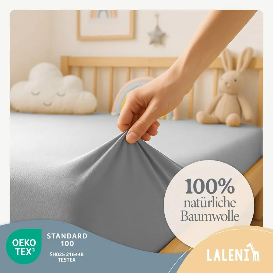 Laleni Lenzuola e Coprimaterasso per Culla e Lettino 100% Cotone, Grigio, 28x73cm - 30x76cm - immagine 3