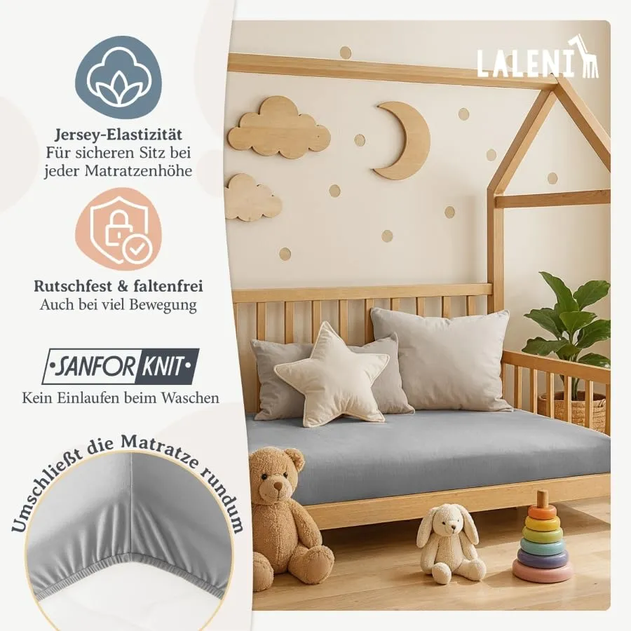 Laleni Lenzuola e Coprimaterasso per Culla e Lettino 100% Cotone, Grigio, 28x73cm - 30x76cm - immagine 4