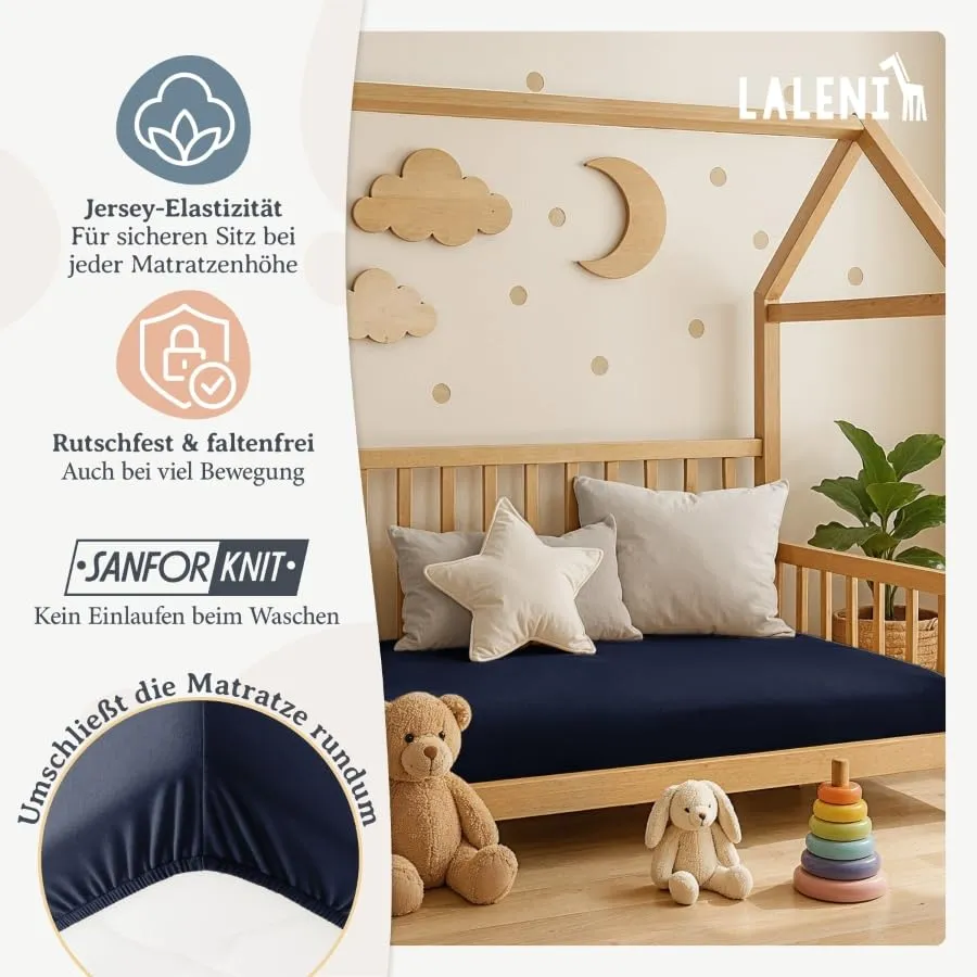 Laleni Lenzuola Coprimaterasso per Culla e Lettino in Cotone 135gsm, Blu Oceano, 28x73cm - 30x76cm - immagine 4