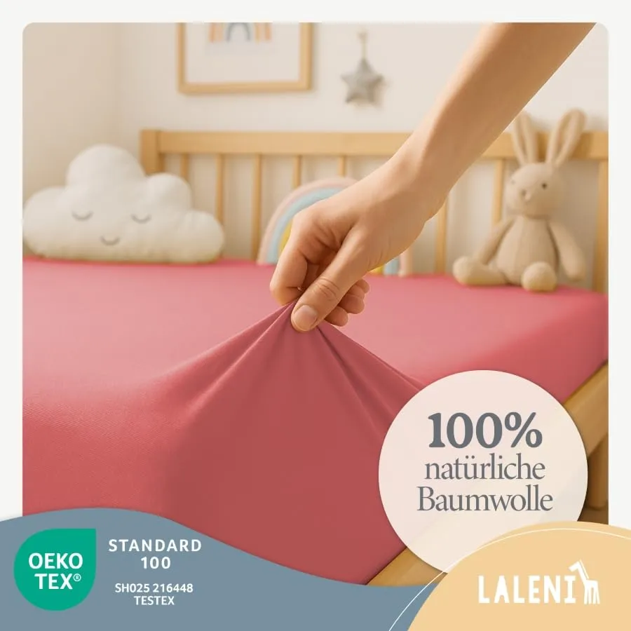 Laleni Lenzuola Coprimaterasso per Culla e Lettino in Cotone 135gsm, Corallo, 28x73cm - 30x76cm - immagine 3
